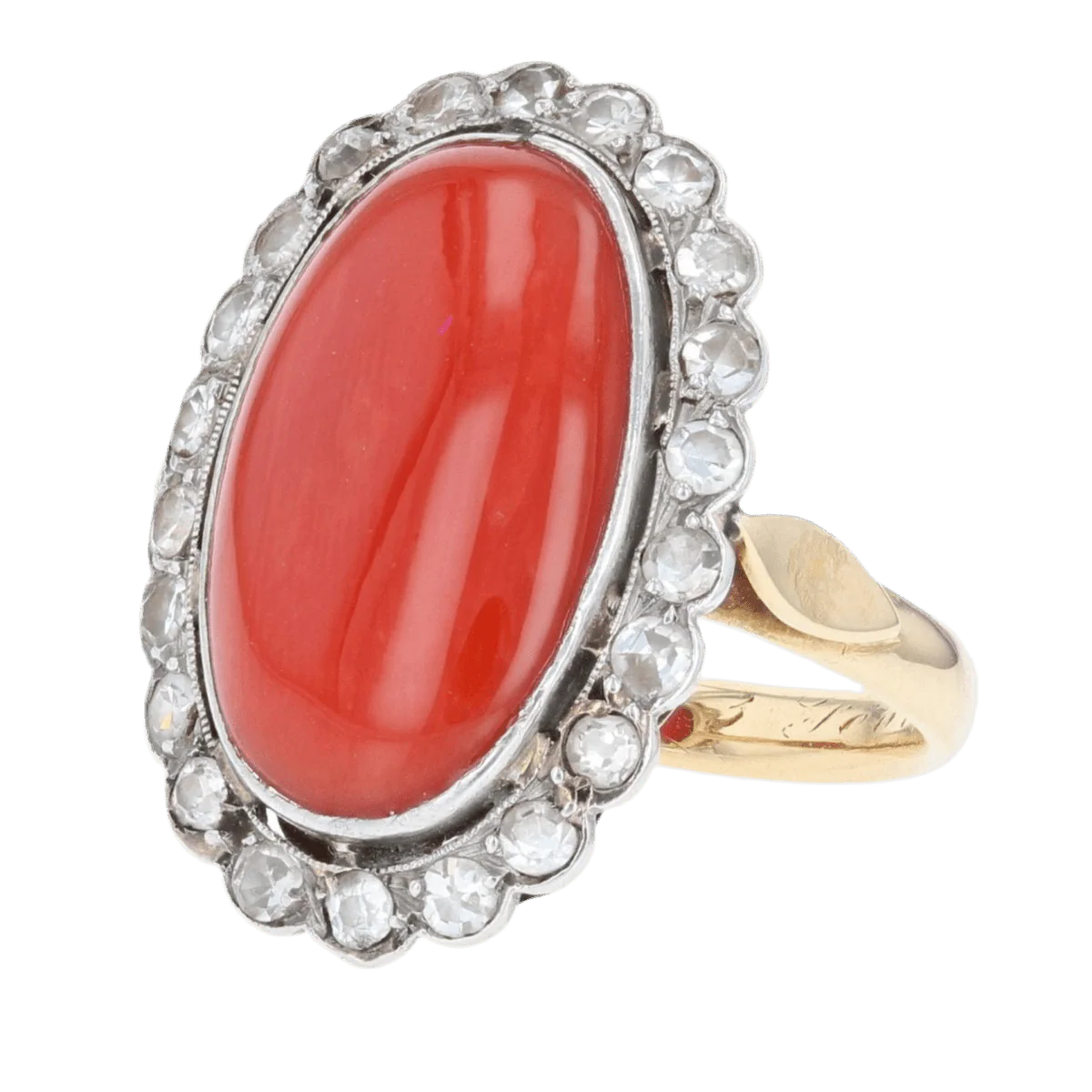 Bague Pompadour en or jaune, platine, corail et diamants - Image 3