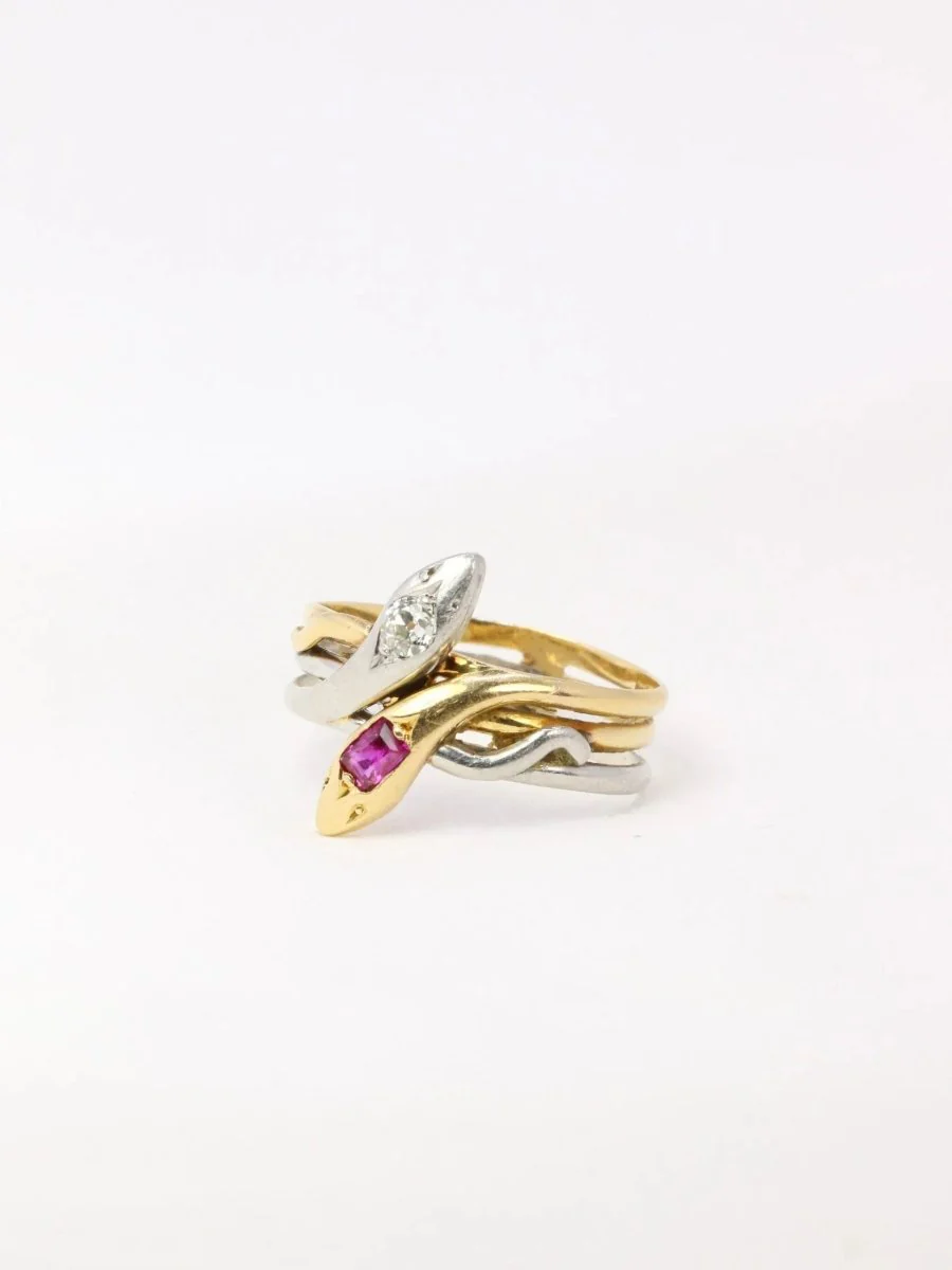 Bague ancienne deux serpents en or, diamant et rubis - XIXe siècle - Image 4