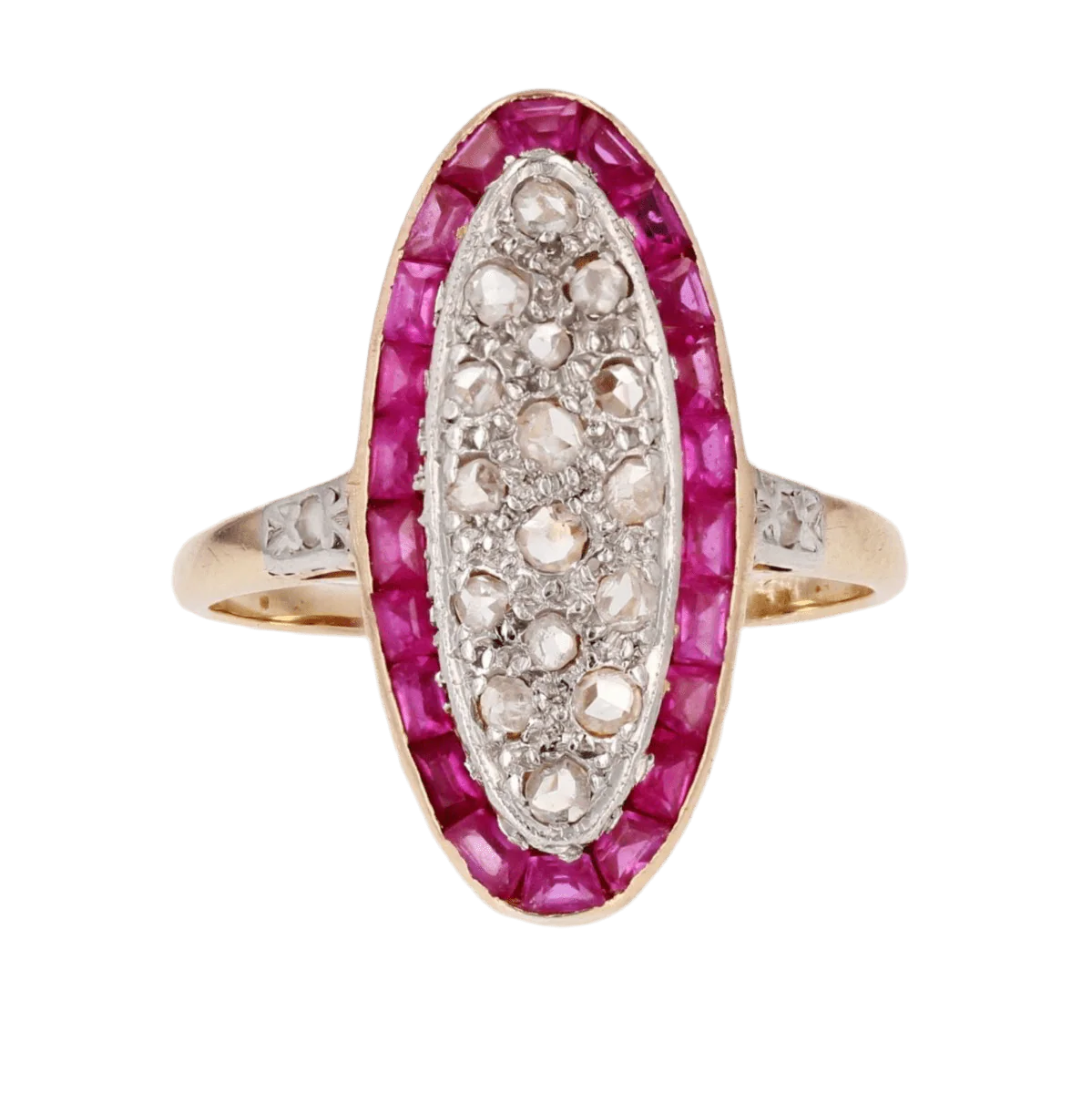 Bague Marquise en or jaune, platine, rybis et diamants