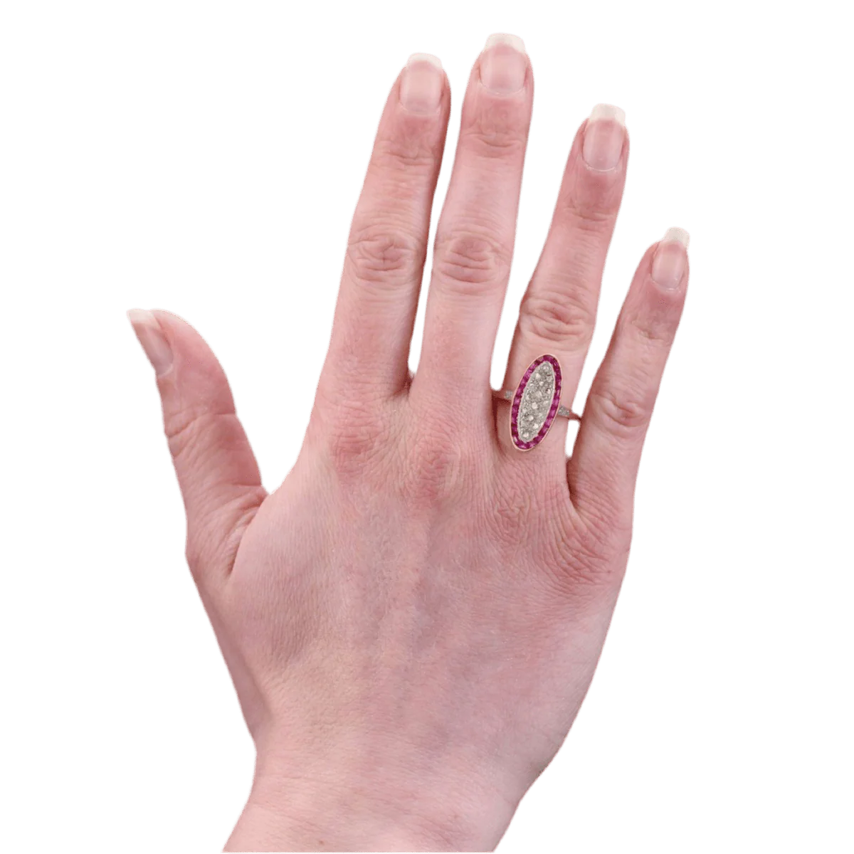 Bague Marquise en or jaune, platine, rybis et diamants - Image 2