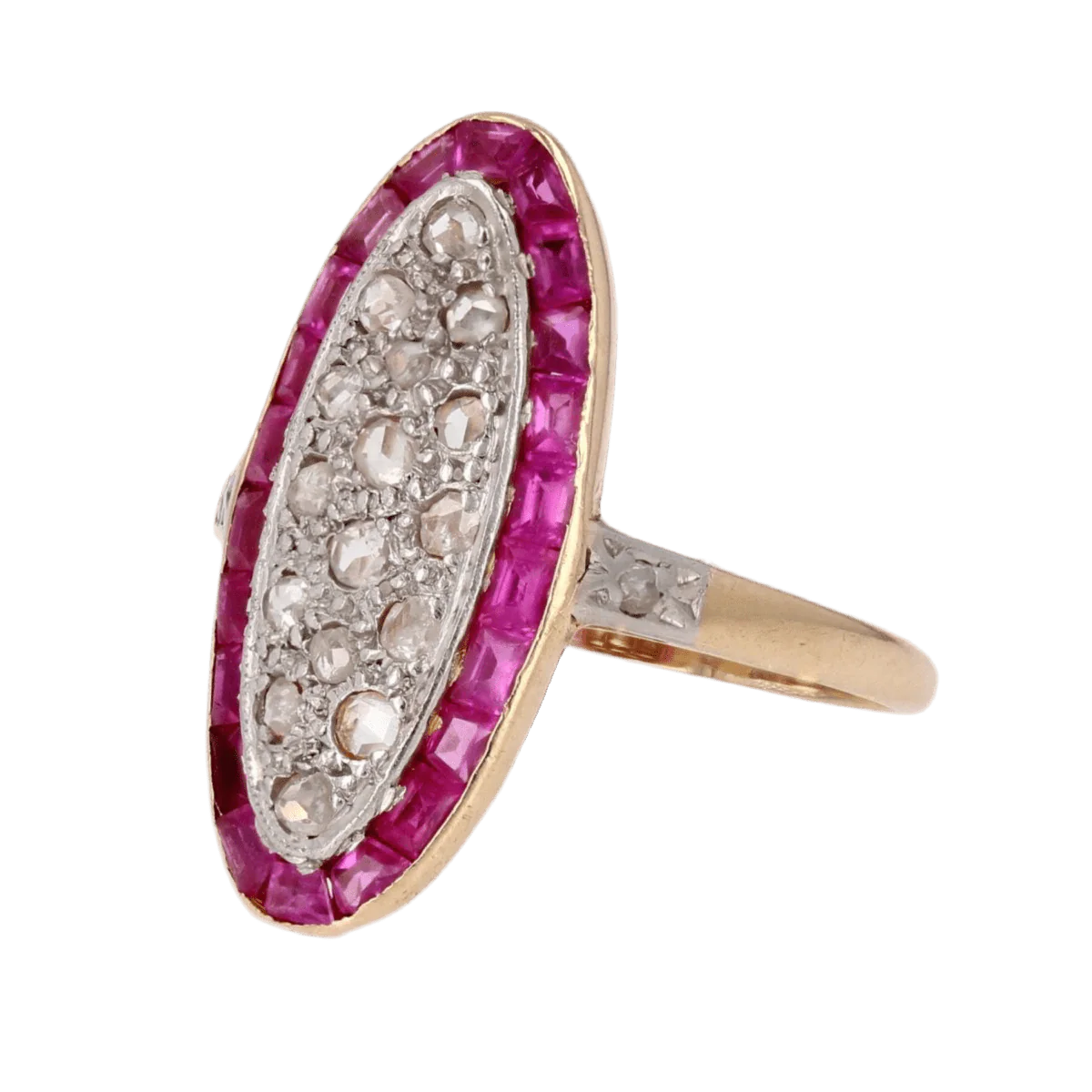 Bague Marquise en or jaune, platine, rybis et diamants - Image 3