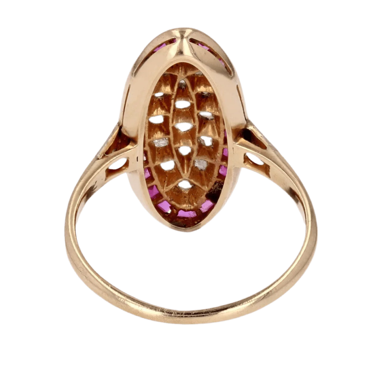 Bague Marquise en or jaune, platine, rybis et diamants - Image 4