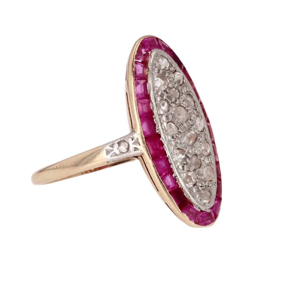 Bague Marquise en or jaune, platine, rybis et diamants - Image 5