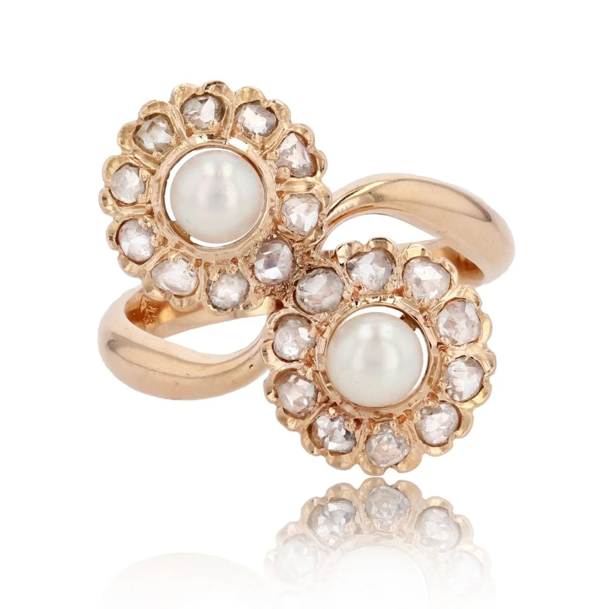 Bague Toi & Moi en or rose, perles et diamants
