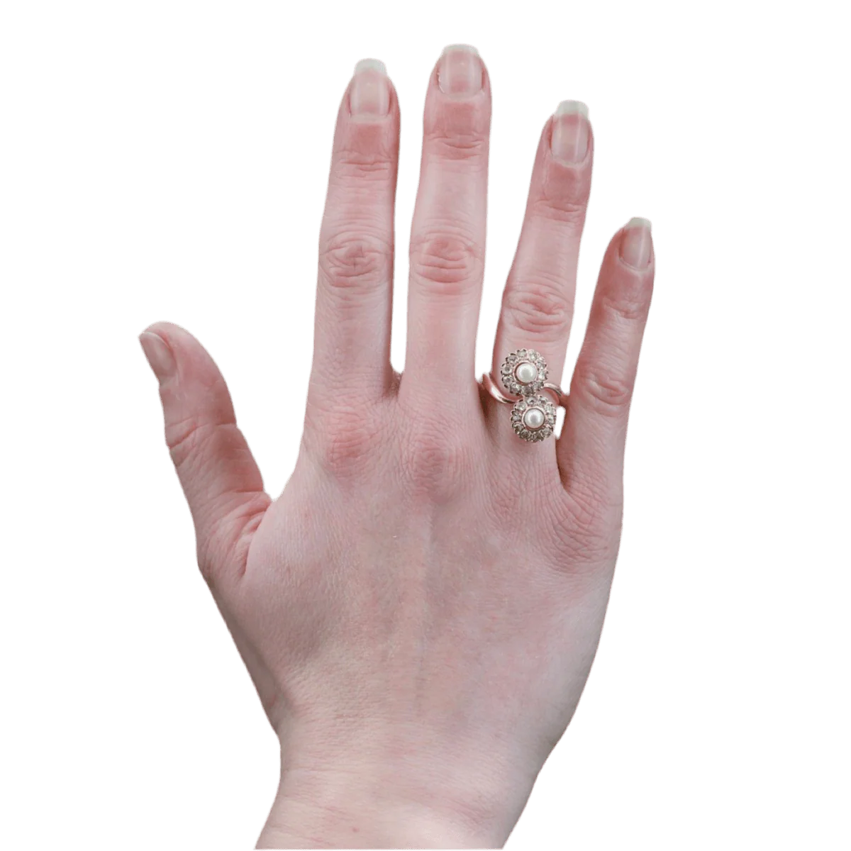 Bague Toi & Moi en or rose, perles et diamants - Image 2