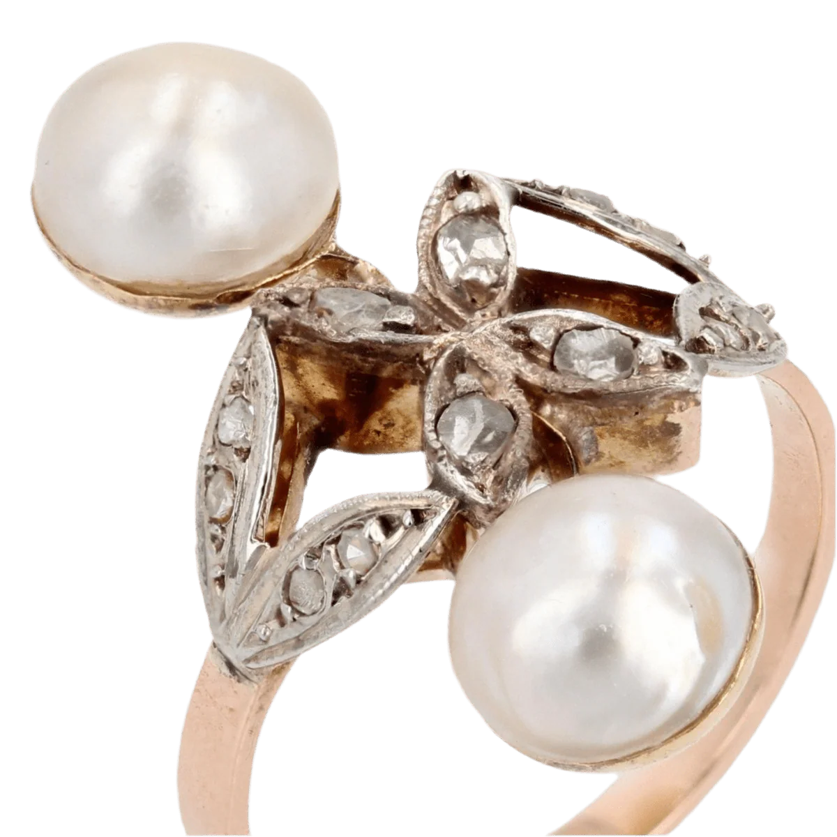 Bague Toi & Moi en or rose, perles et diamants - Image 7