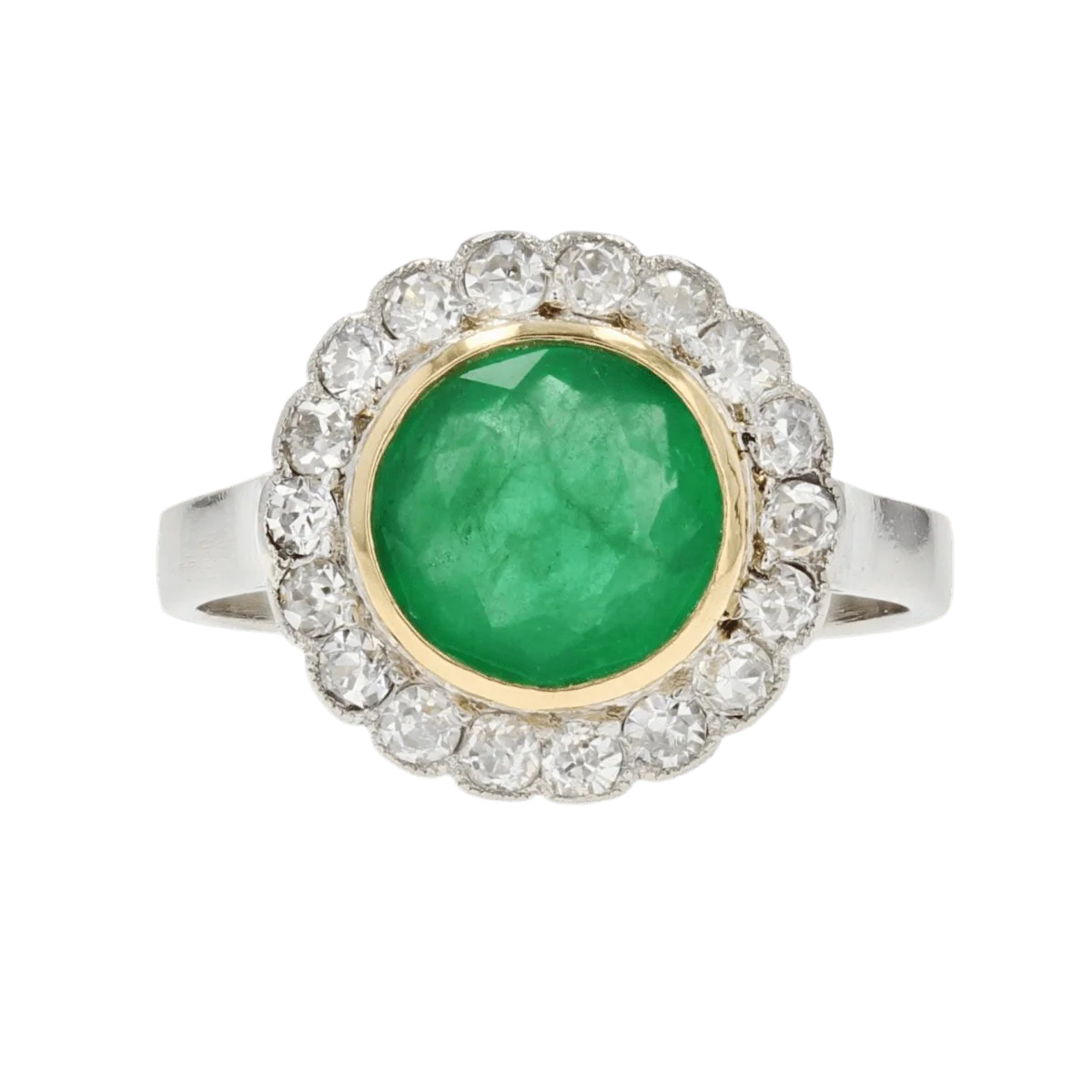 Bague Entourage en or jaune, platine, émeraude et diamants