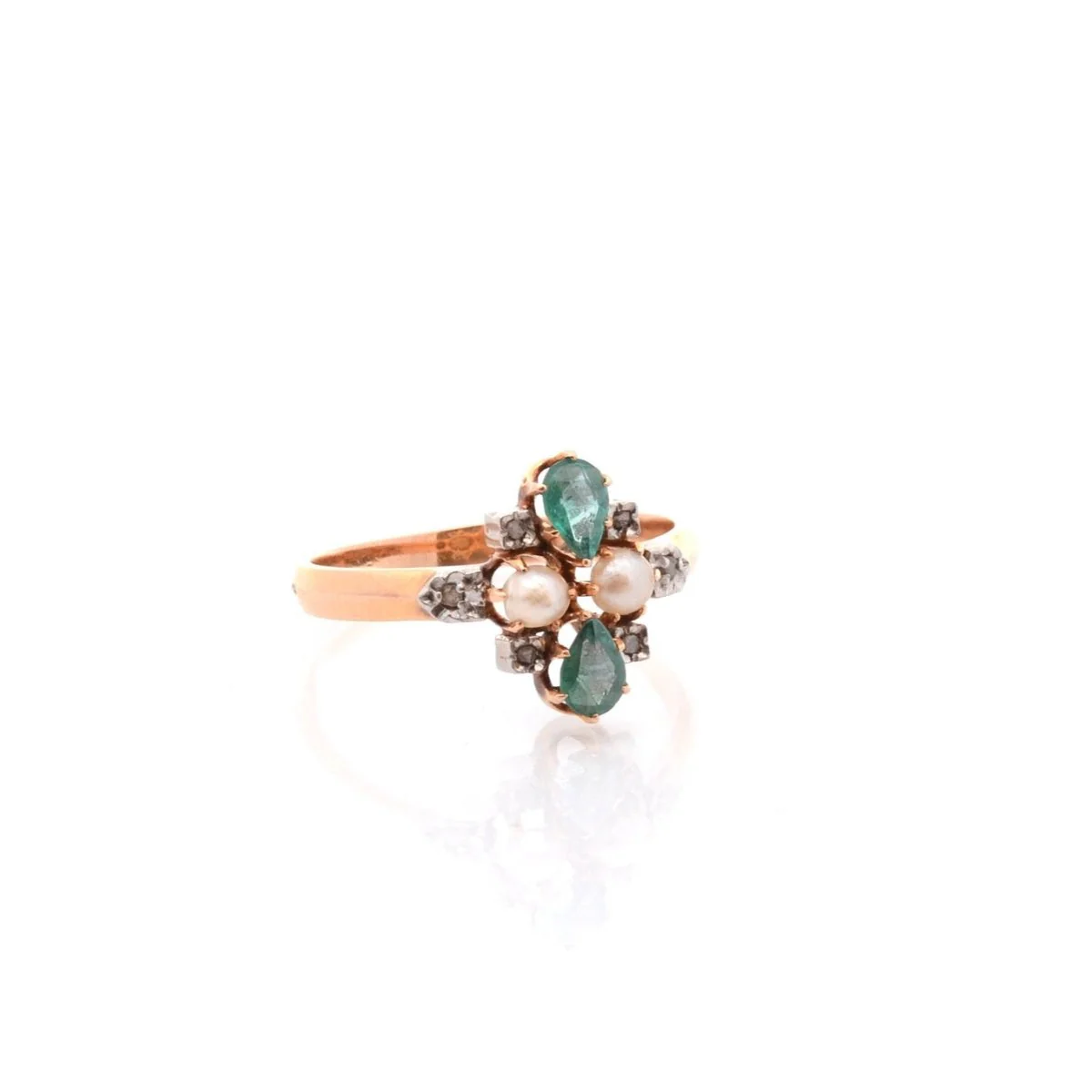 Bague en or jaune, platine, émeraudes, perles et diamants - Image 3