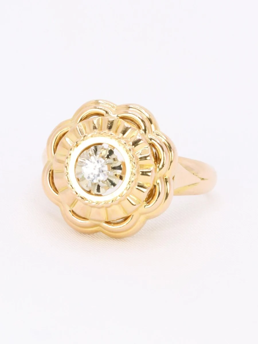 Bague ancienne fleur or jaune pierre blanche