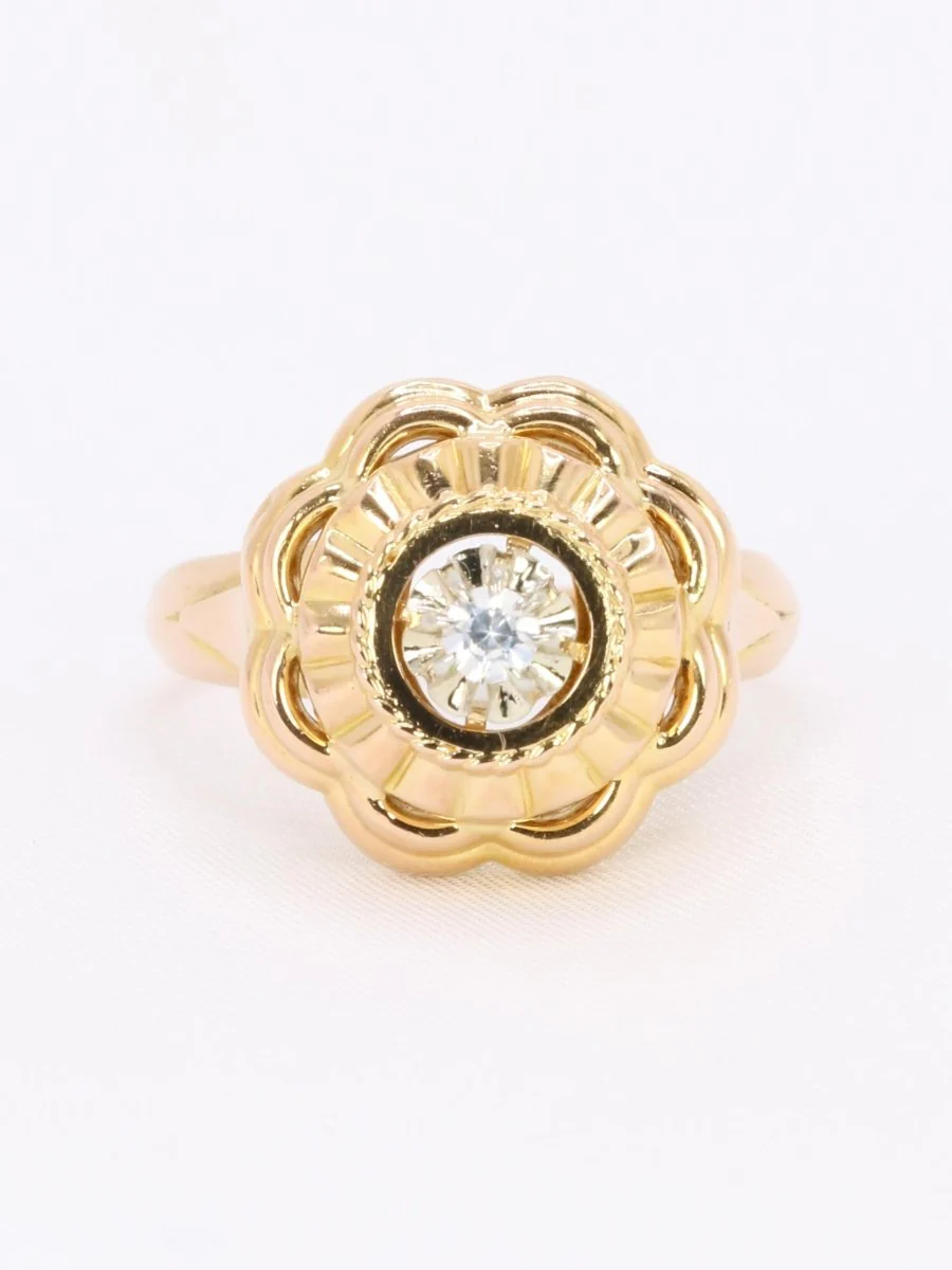 Bague ancienne fleur or jaune pierre blanche - Image 3