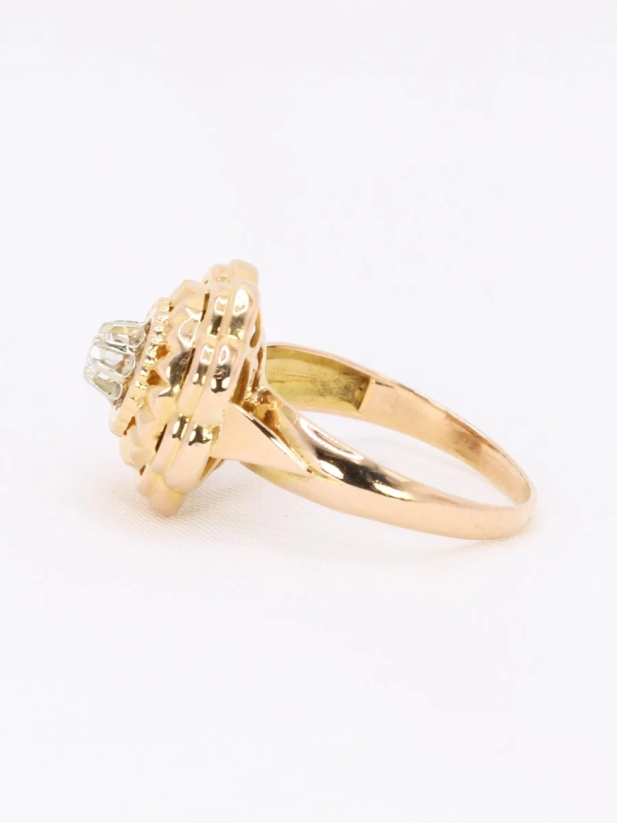 Bague ancienne fleur or jaune pierre blanche - Image 4