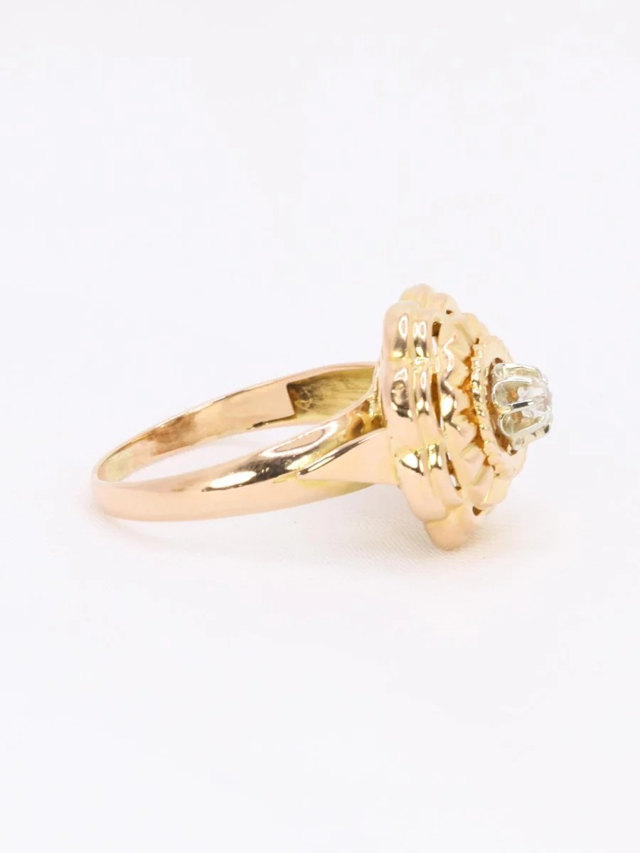 Bague ancienne fleur or jaune pierre blanche - Image 6