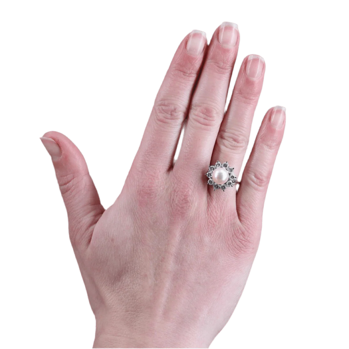 Bague Marguerite en or blanc, platine, perle et diamants - Image 2