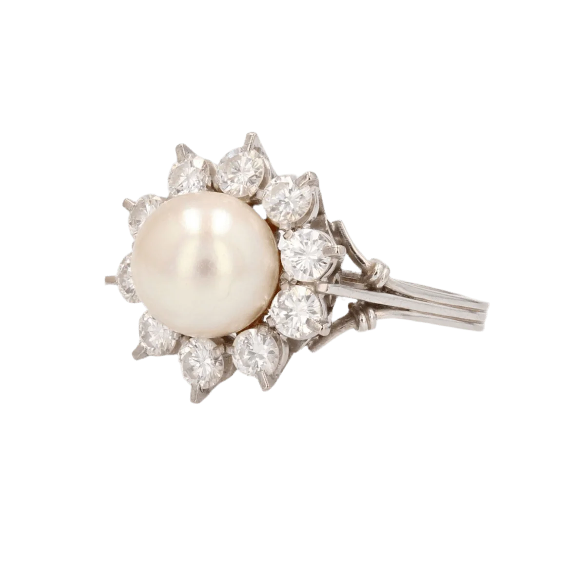 Bague Marguerite en or blanc, platine, perle et diamants - Image 3