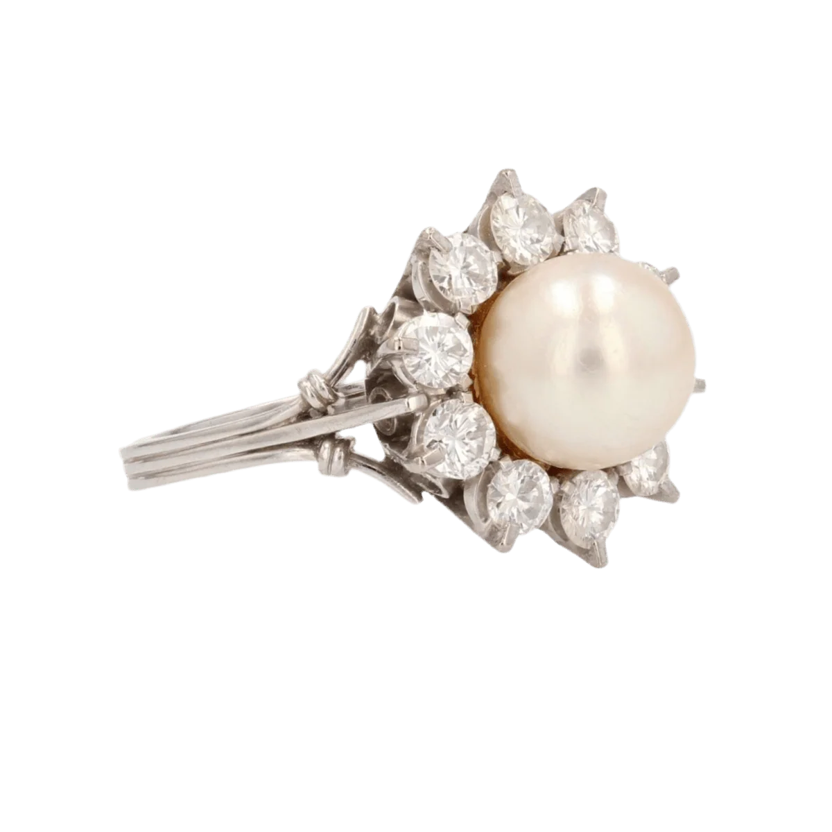 Bague Marguerite en or blanc, platine, perle et diamants - Image 5