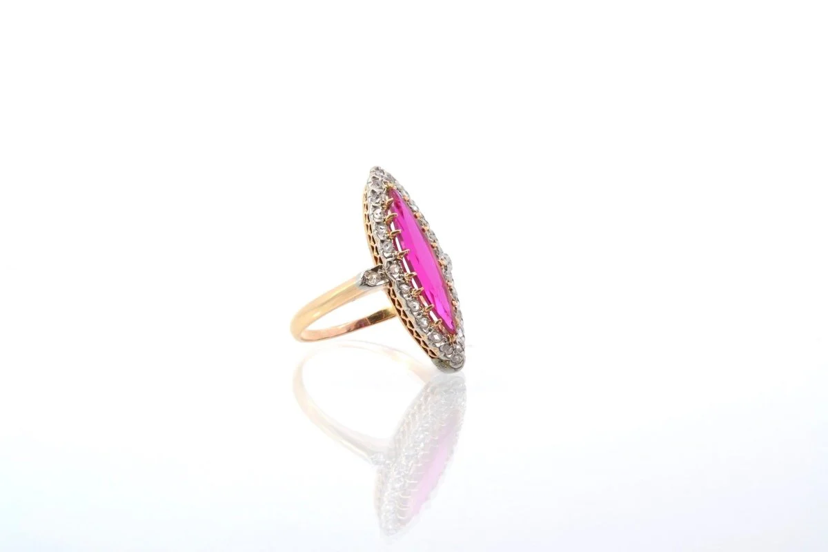 Bague ancienne marquise diamants et rubis synthétique - Image 2