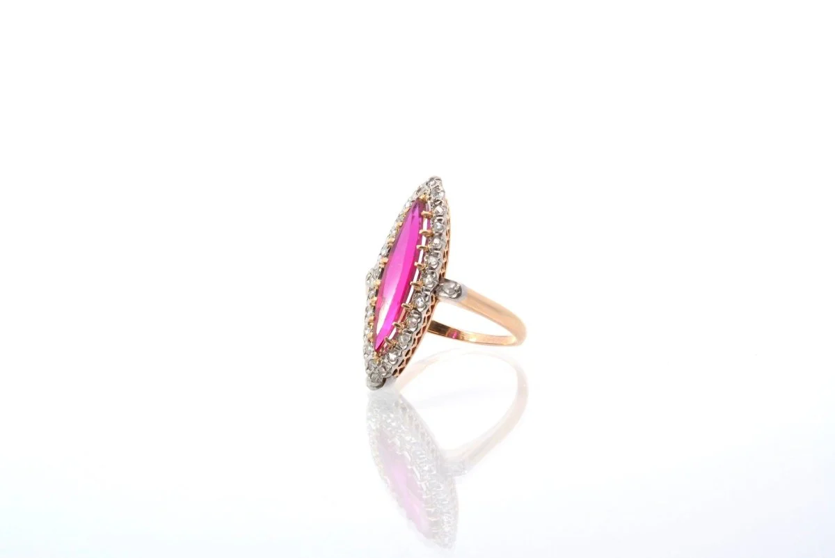 Bague ancienne marquise diamants et rubis synthétique - Image 3
