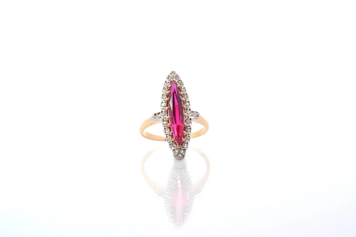 Bague ancienne marquise diamants et rubis synthétique - Image 4