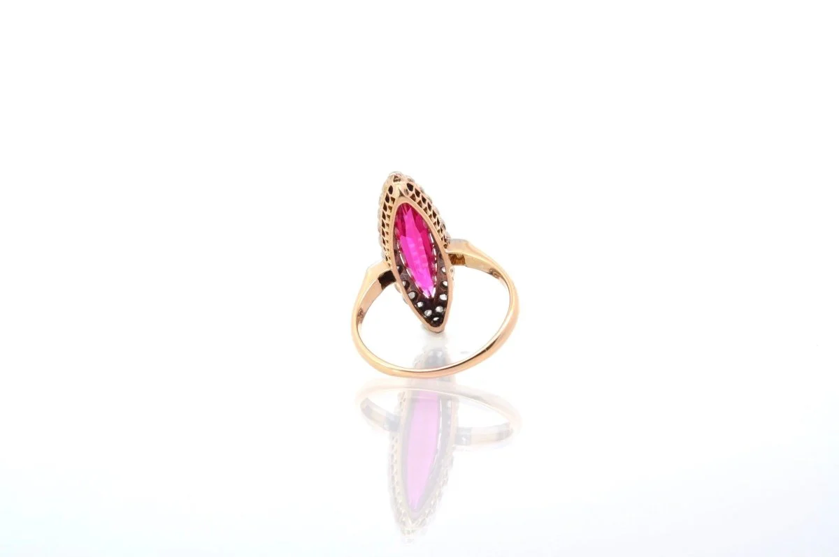 Bague ancienne marquise diamants et rubis synthétique - Image 5