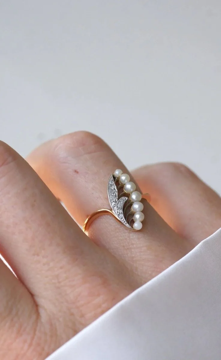 Bague Ancienne Muguet Perles et Diamants - Image 2