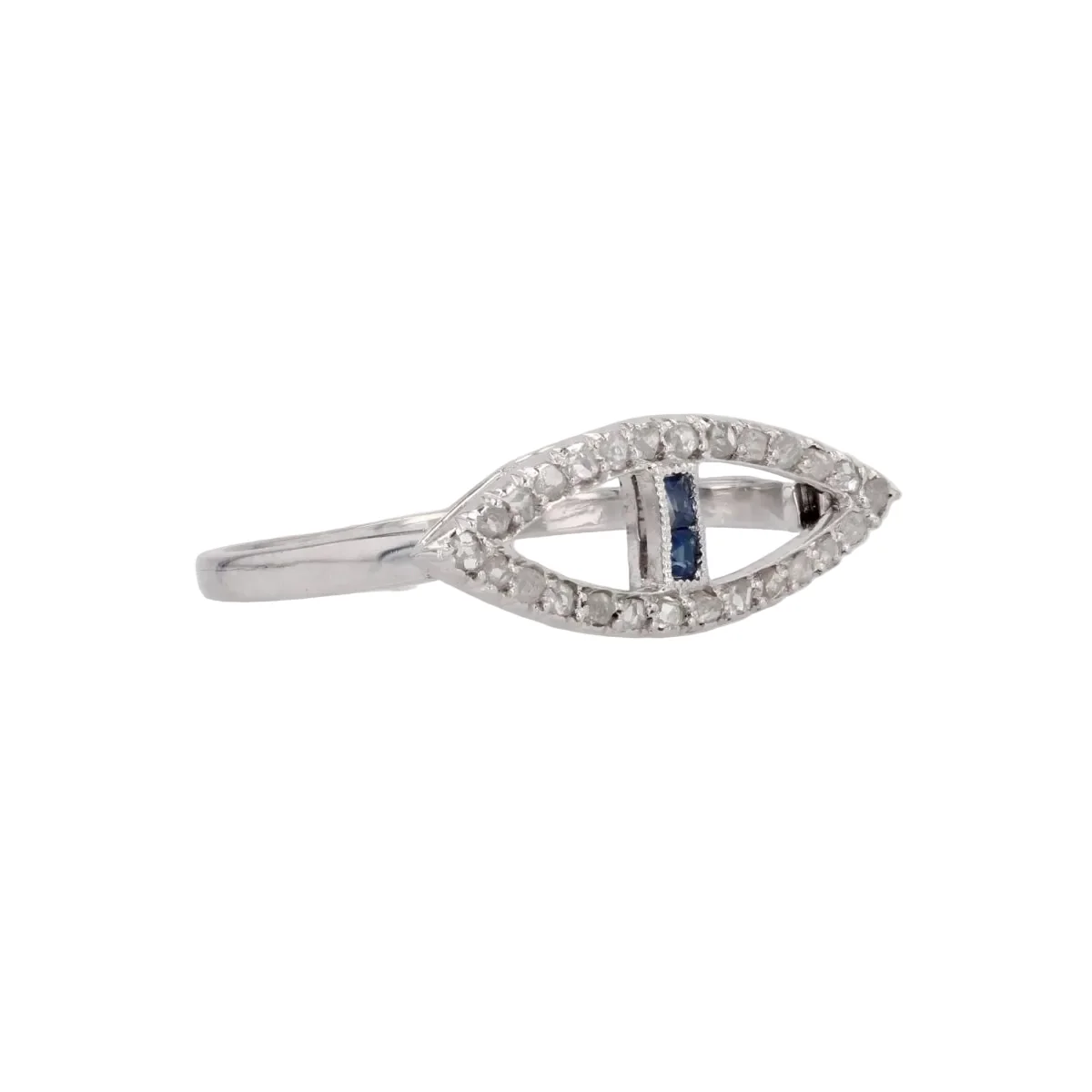 Bague Marquise en or blanc, platine, saphirs et diamants - Image 3