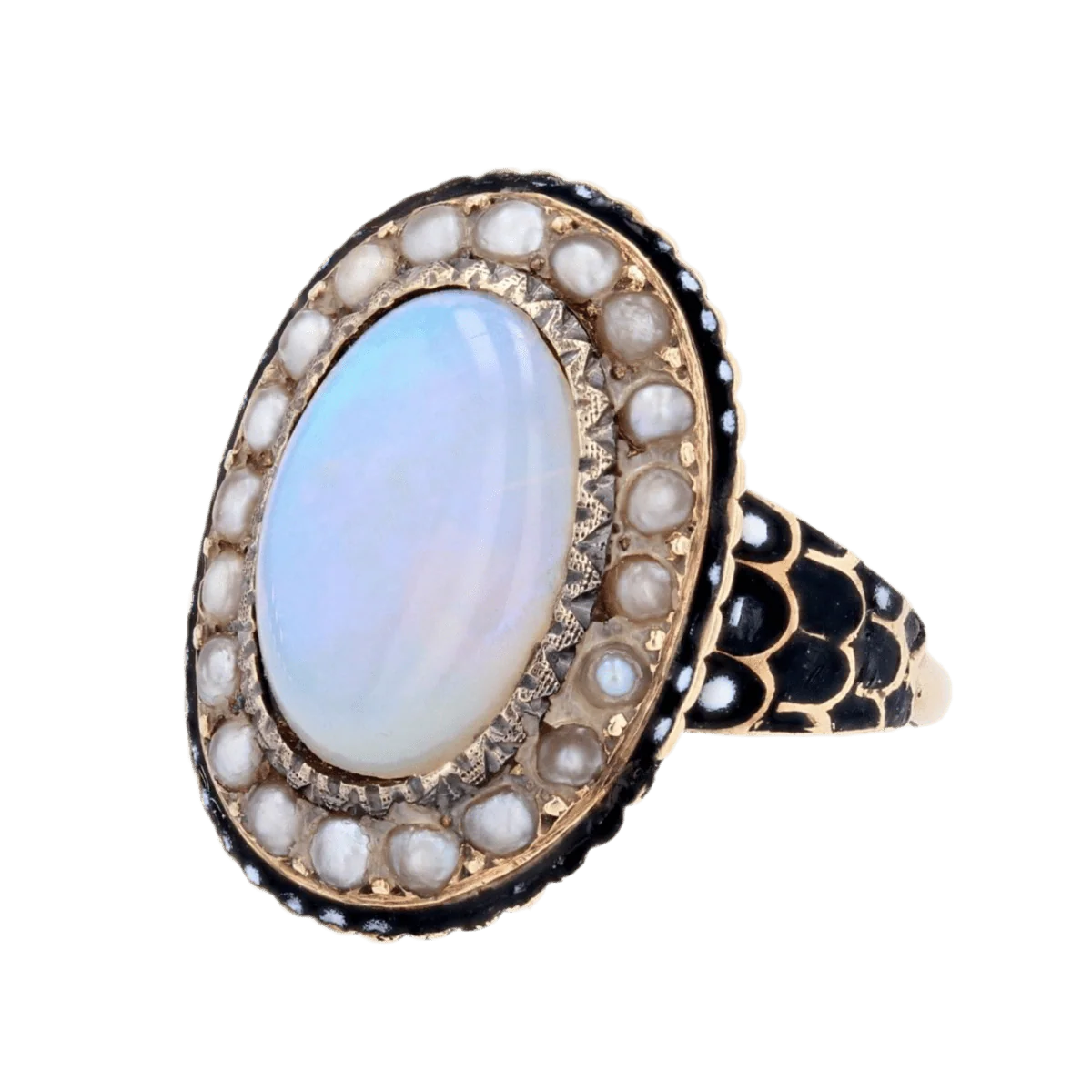 Bague Cocktail en or jaune, opale, perles et émail - Image 3