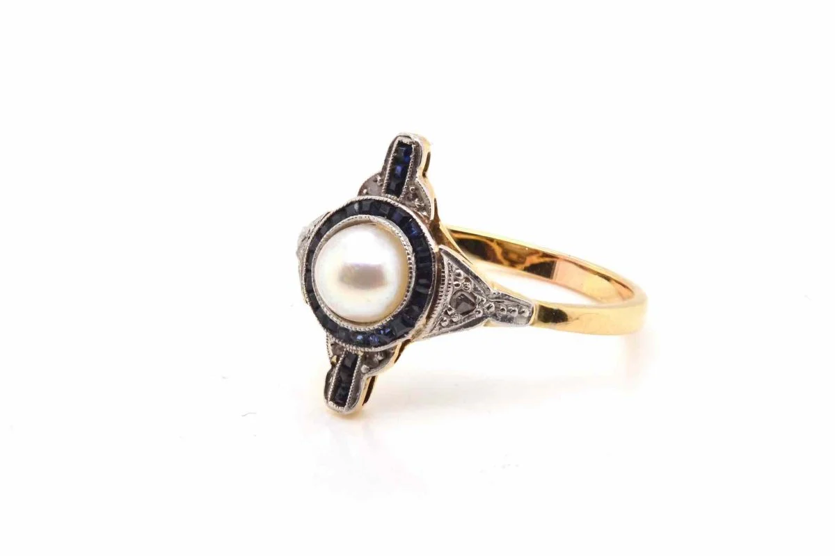 Bague ancienne perle, diamants et saphirs
