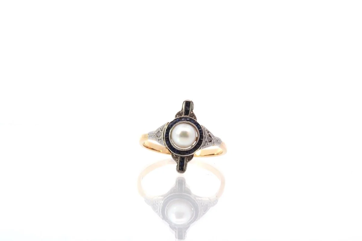 Bague ancienne perle, diamants et saphirs - Image 2