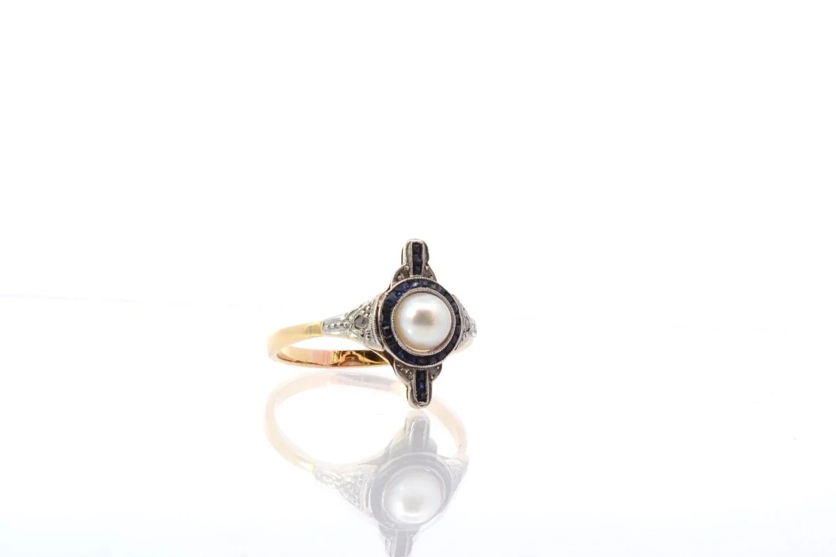 Bague ancienne perle, diamants et saphirs - Image 3
