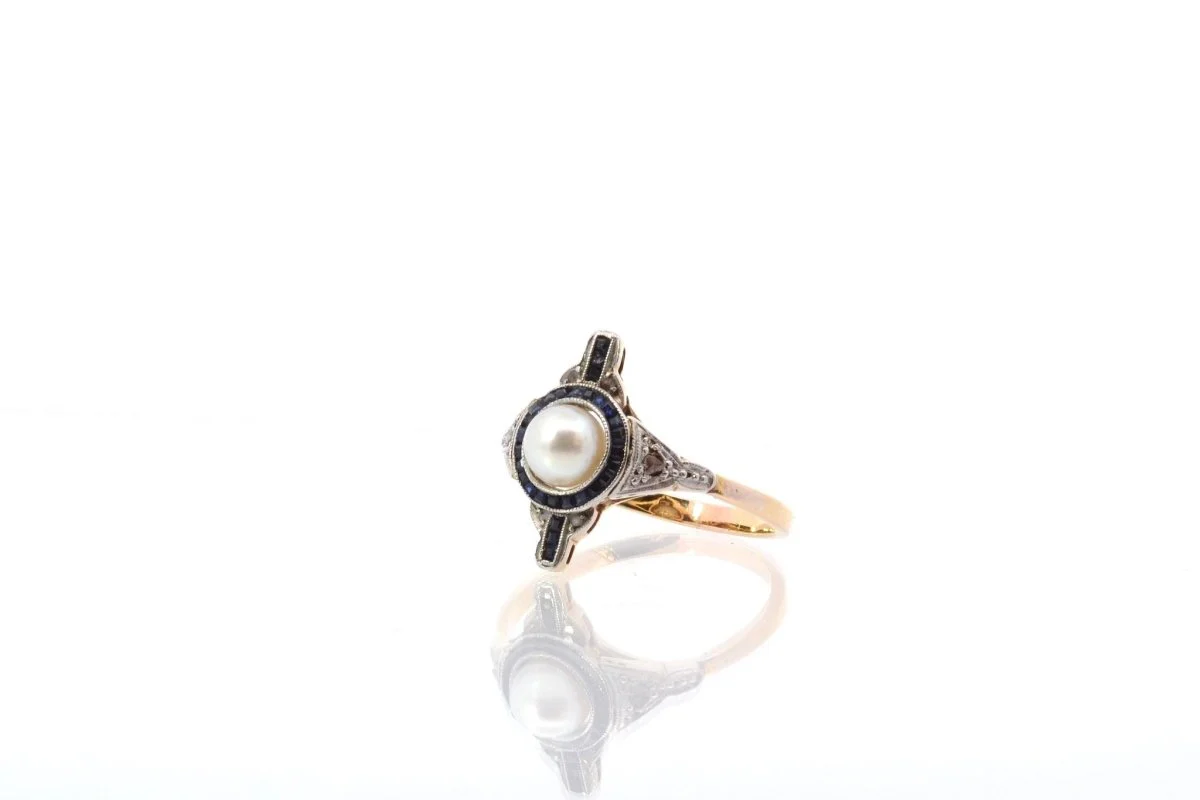 Bague ancienne perle, diamants et saphirs - Image 4