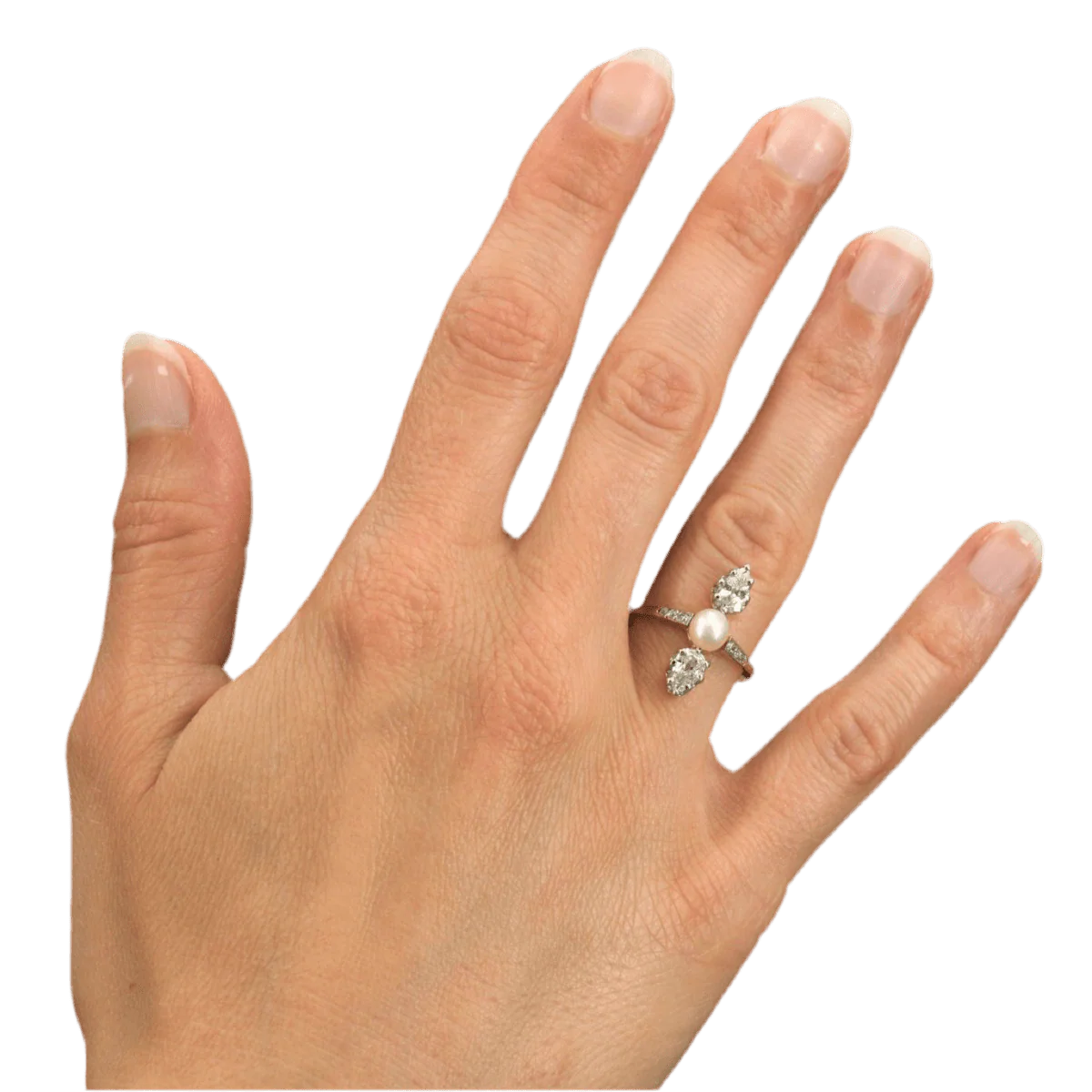 Bague Trilogie en or jaune, platine, perle et diamants - Image 2