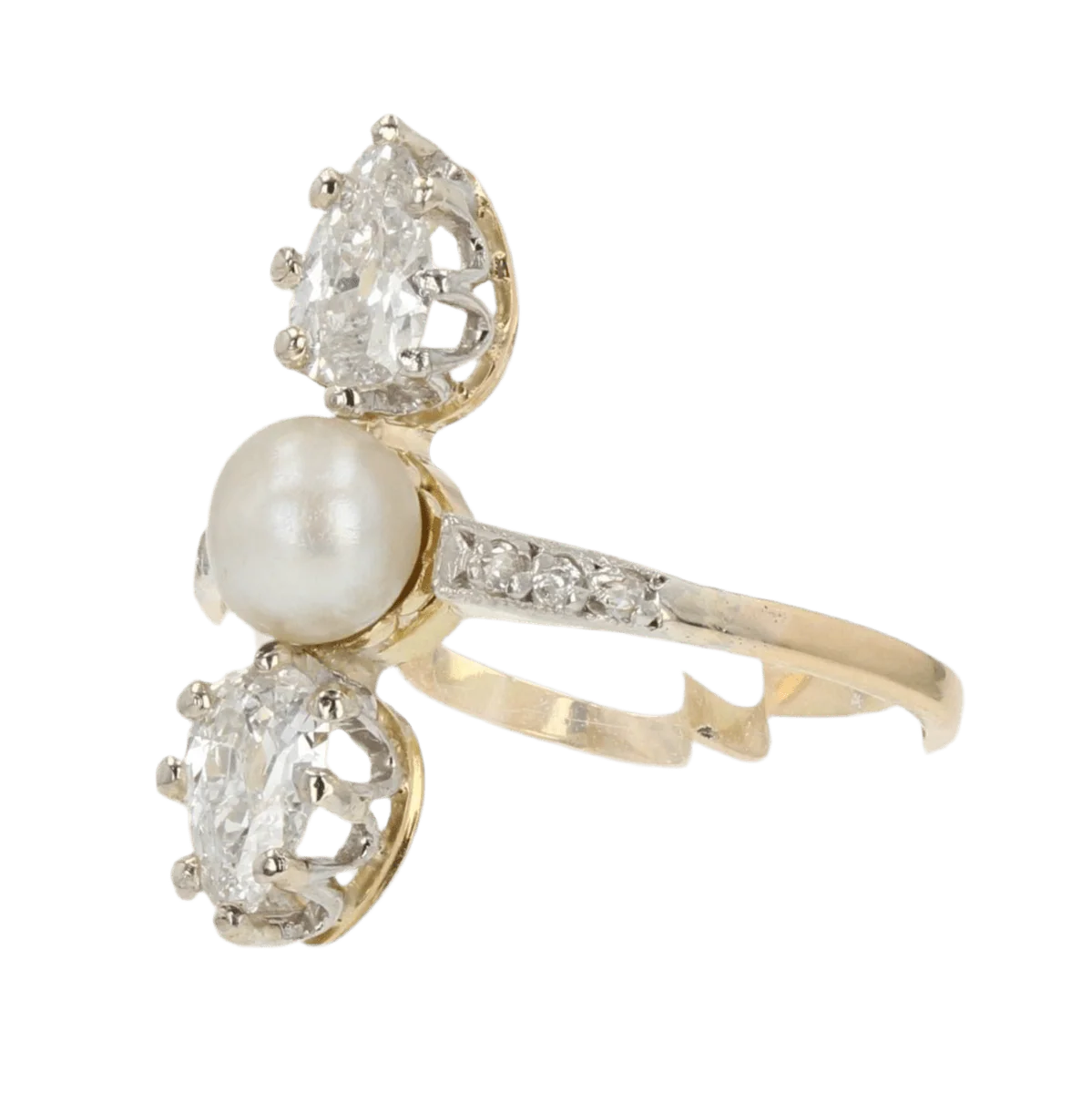 Bague Trilogie en or jaune, platine, perle et diamants - Image 3