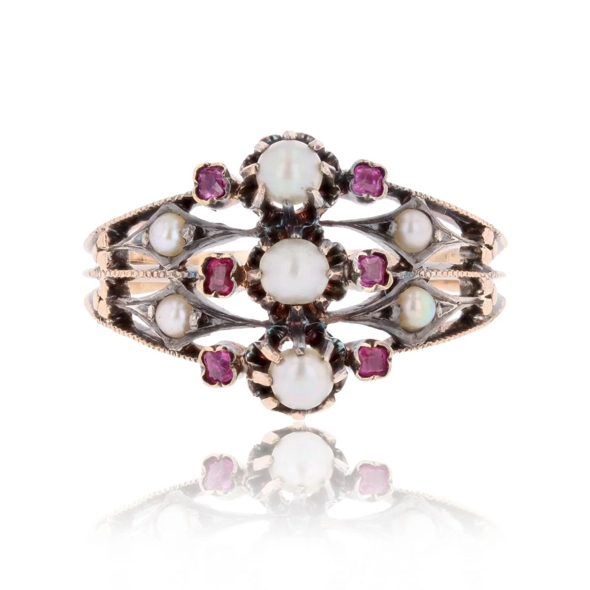 Bague ancienne 3 anneaux en or rose et argent avec perles fines et rubis