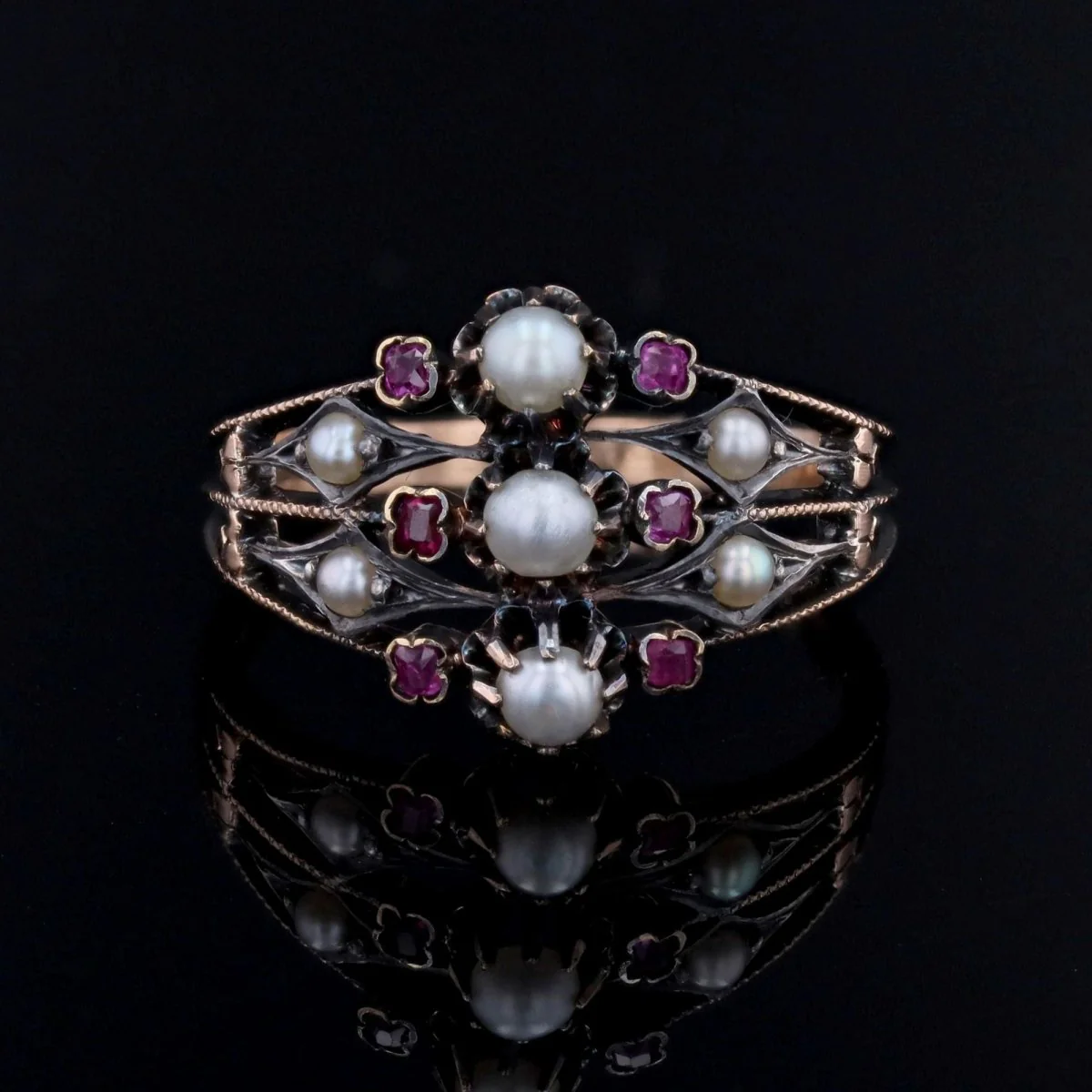 Bague ancienne 3 anneaux en or rose et argent avec perles fines et rubis - Image 5