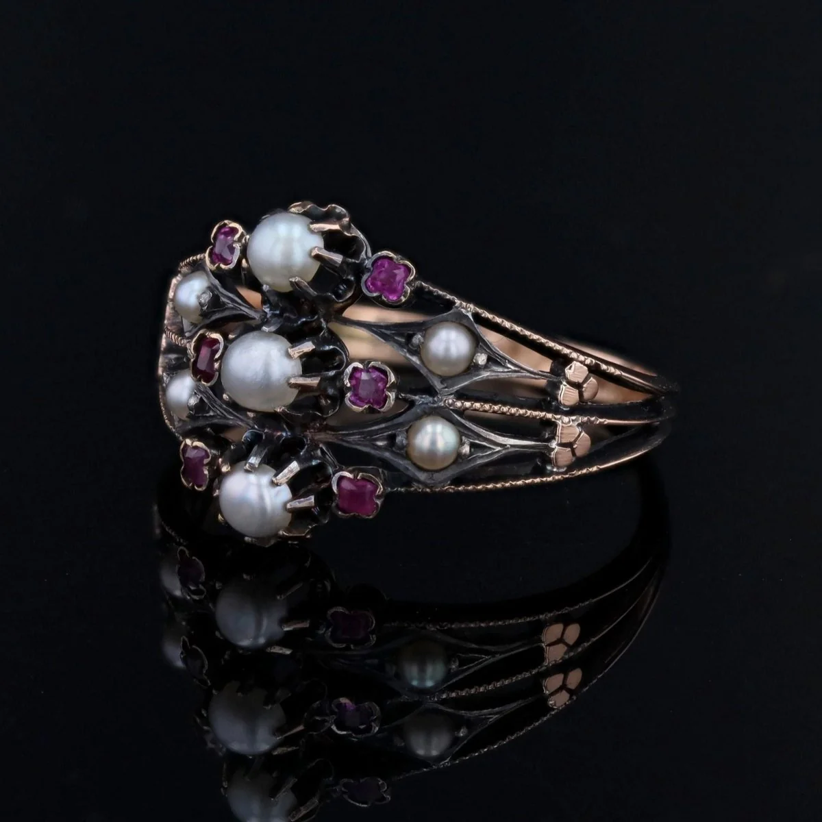 Bague ancienne 3 anneaux en or rose et argent avec perles fines et rubis - Image 8