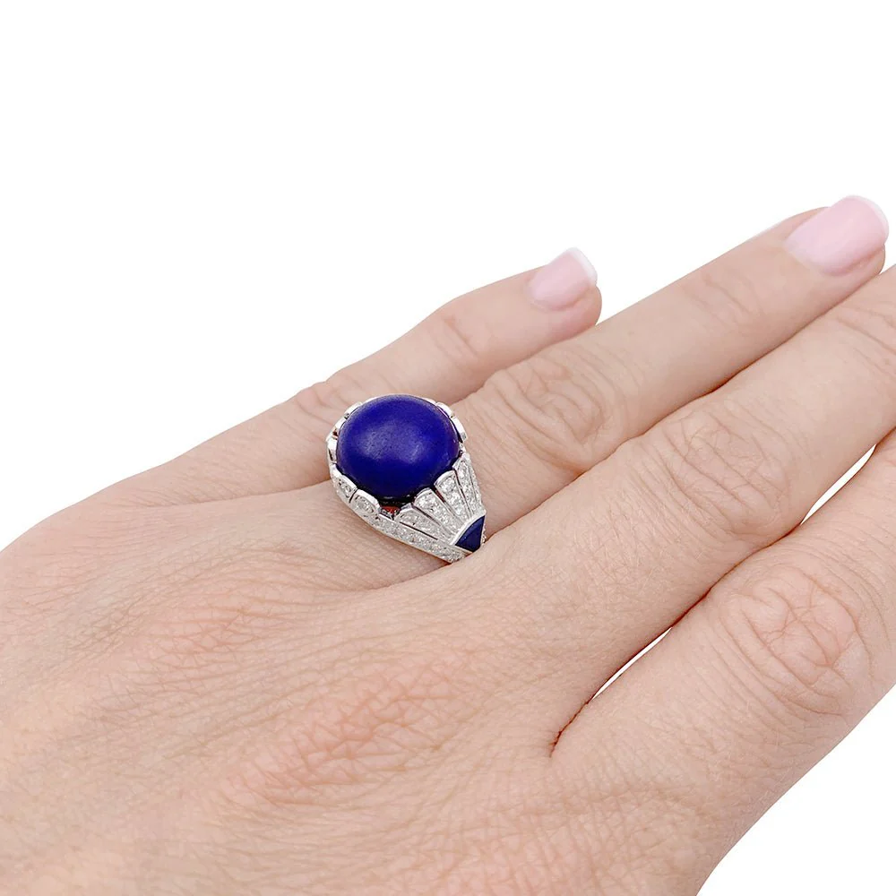 Bague dôme en platine, lapis lazuli et diamants. - Image 6