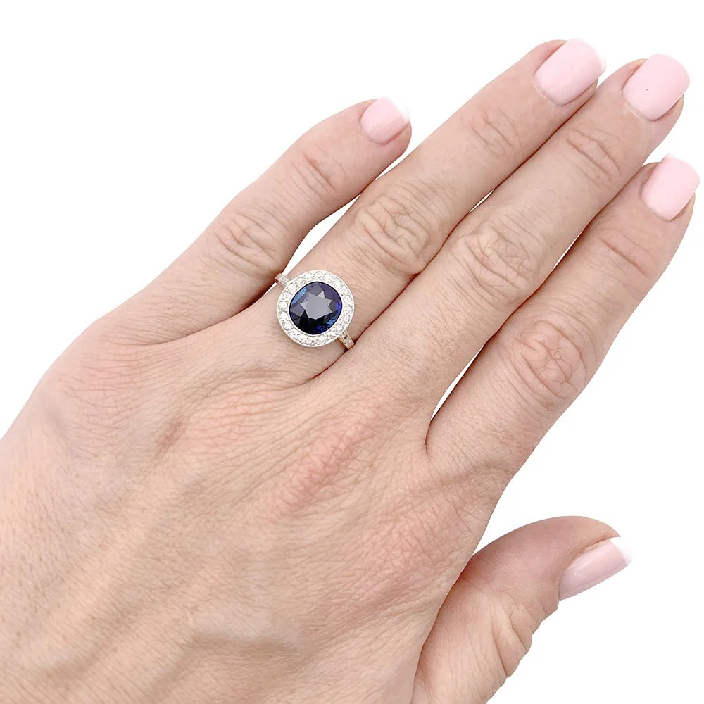 Bague ancienne platine, saphir, diamants. - Image 2