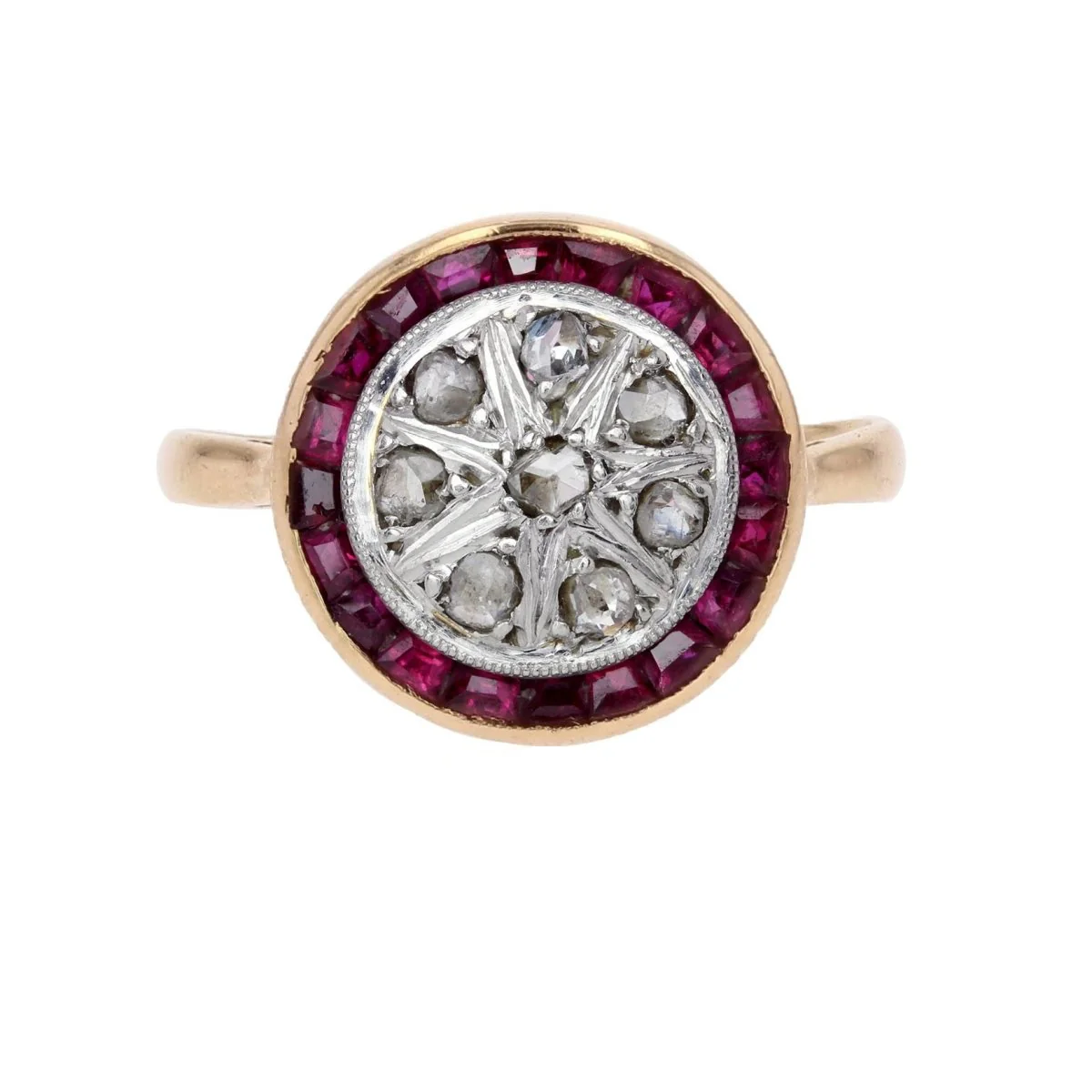 Bague Entourage en or jaune, rubis et diamants