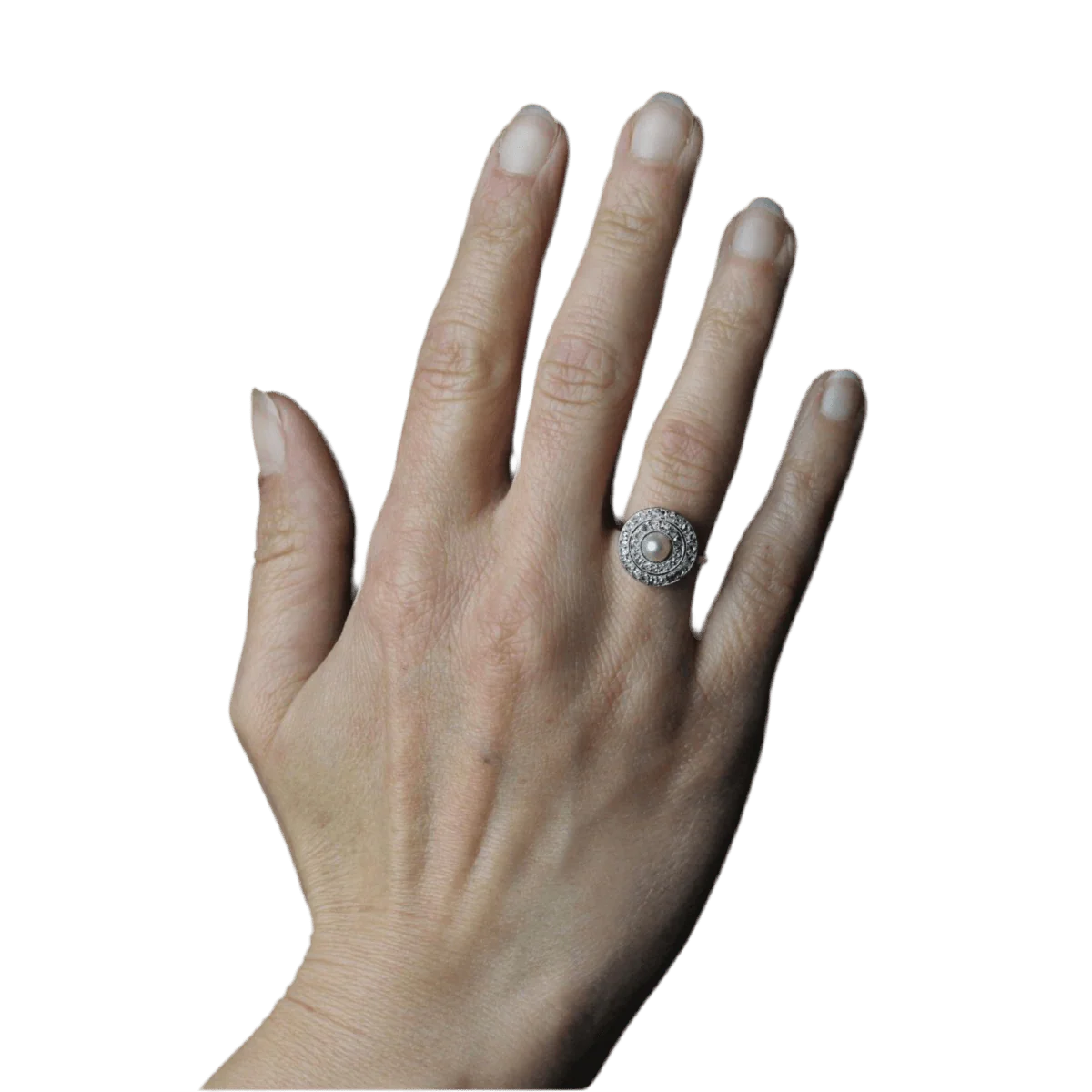 Bague Pompadour en platine, perle et diamants - Image 2