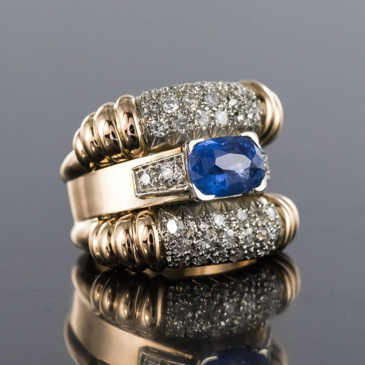 Bague Bandeau en or jaune et platine, saphir et diamants - Image 6