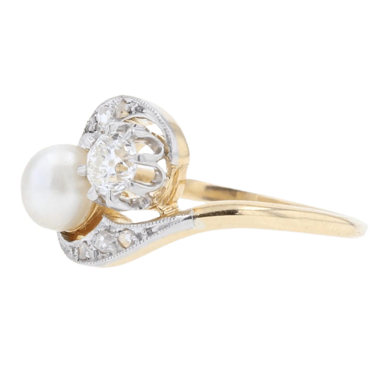 Bague Toi & Moi en or jaune, platine, perle et diamants - Image 3