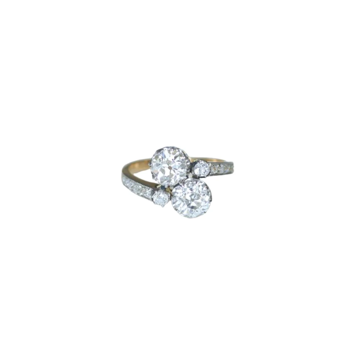 Bague Toi et Moi en or jaune, platine, et diamants