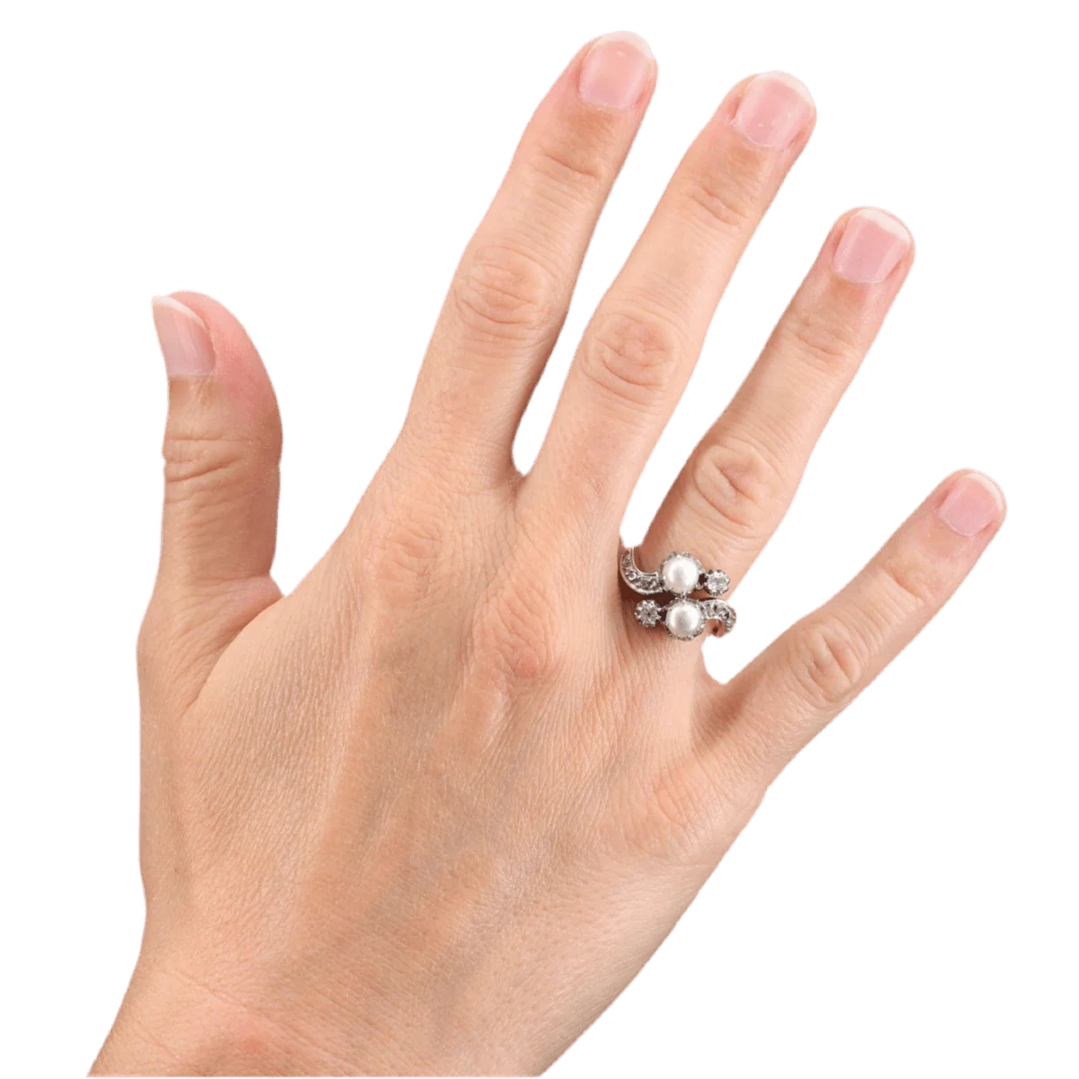 Bague Toi & Moi en or rose, perles et diamants - Image 2