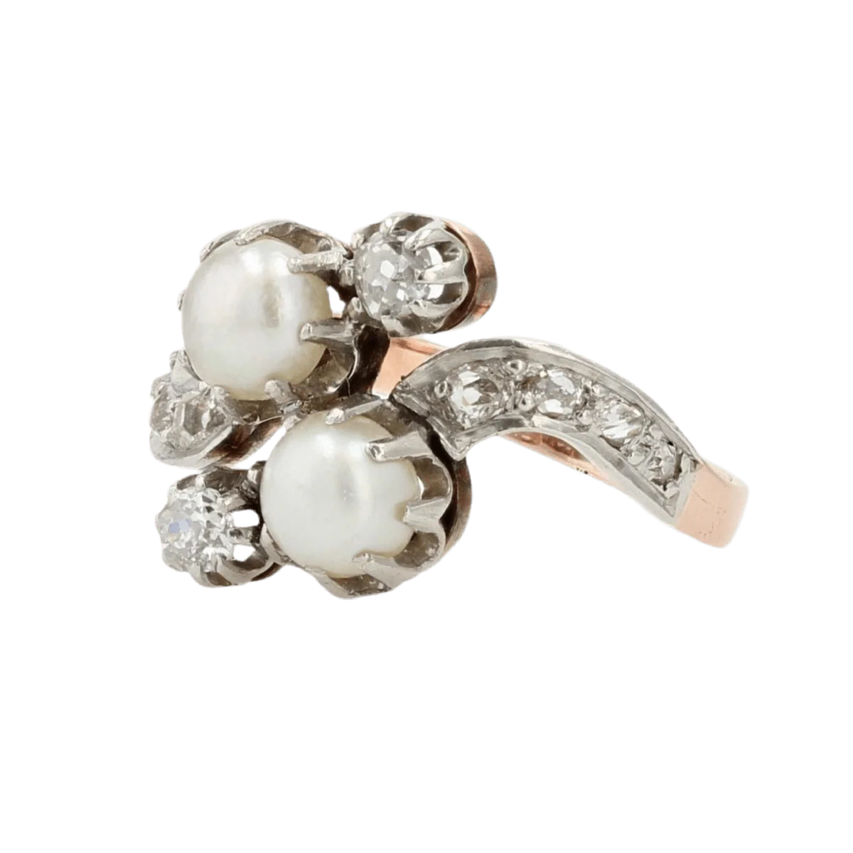 Bague Toi & Moi en or rose, perles et diamants - Image 3