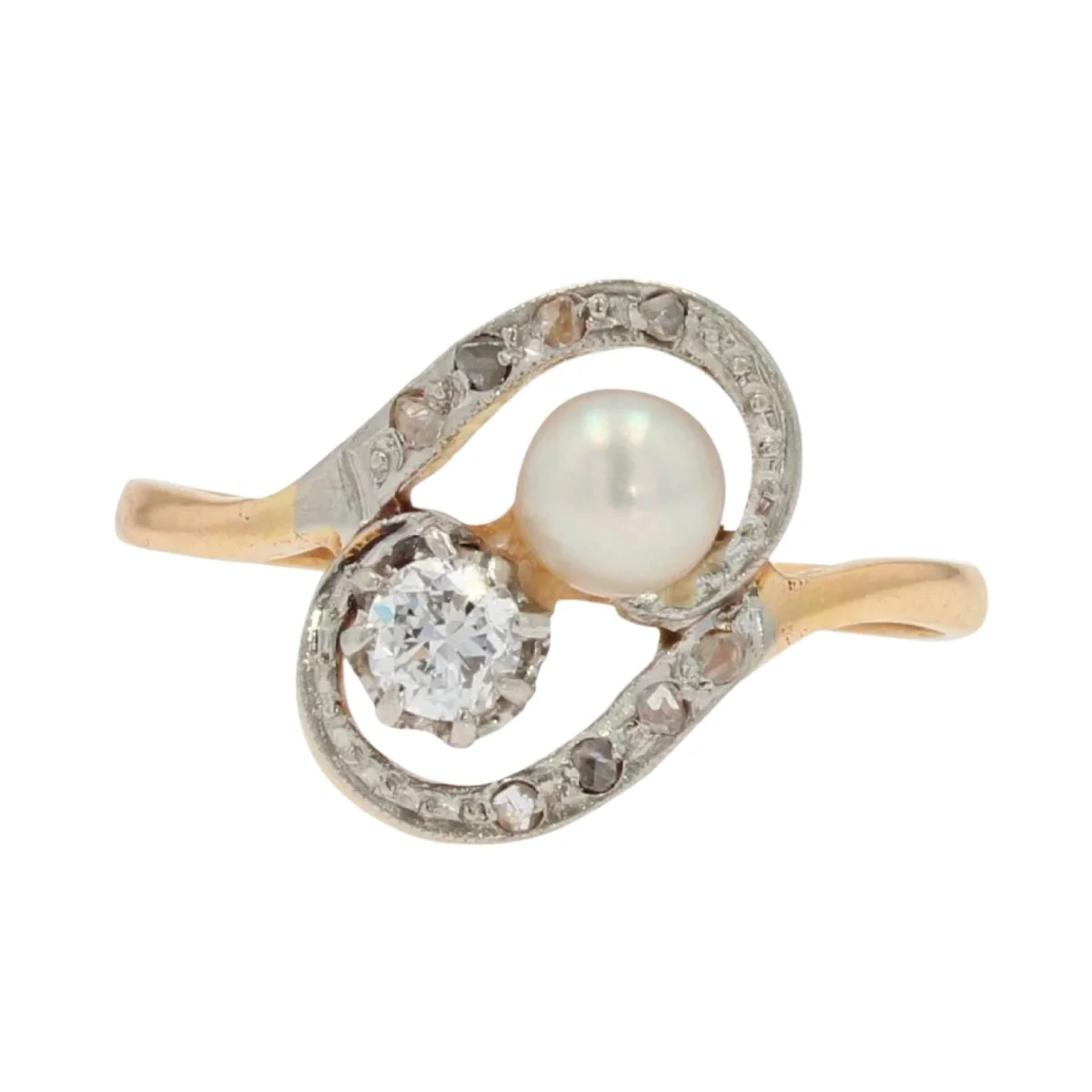 Bague Toi & Moi en or jaune, perle et diamants