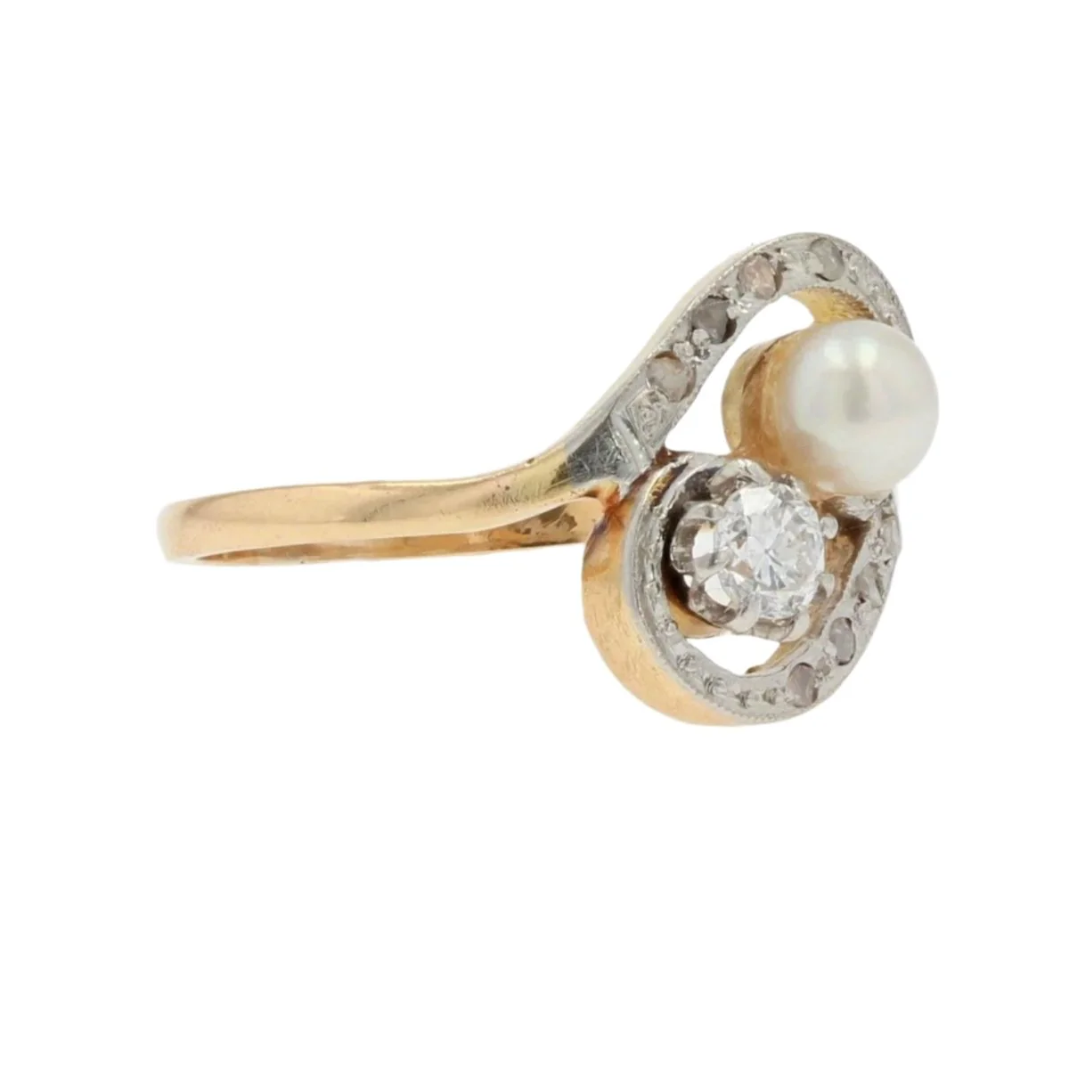 Bague Toi & Moi en or jaune, perle et diamants - Image 5