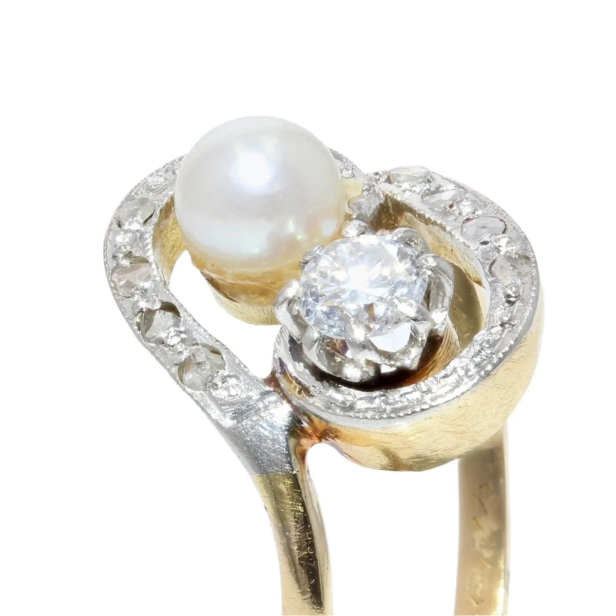 Bague Toi & Moi en or jaune, perle et diamants - Image 7