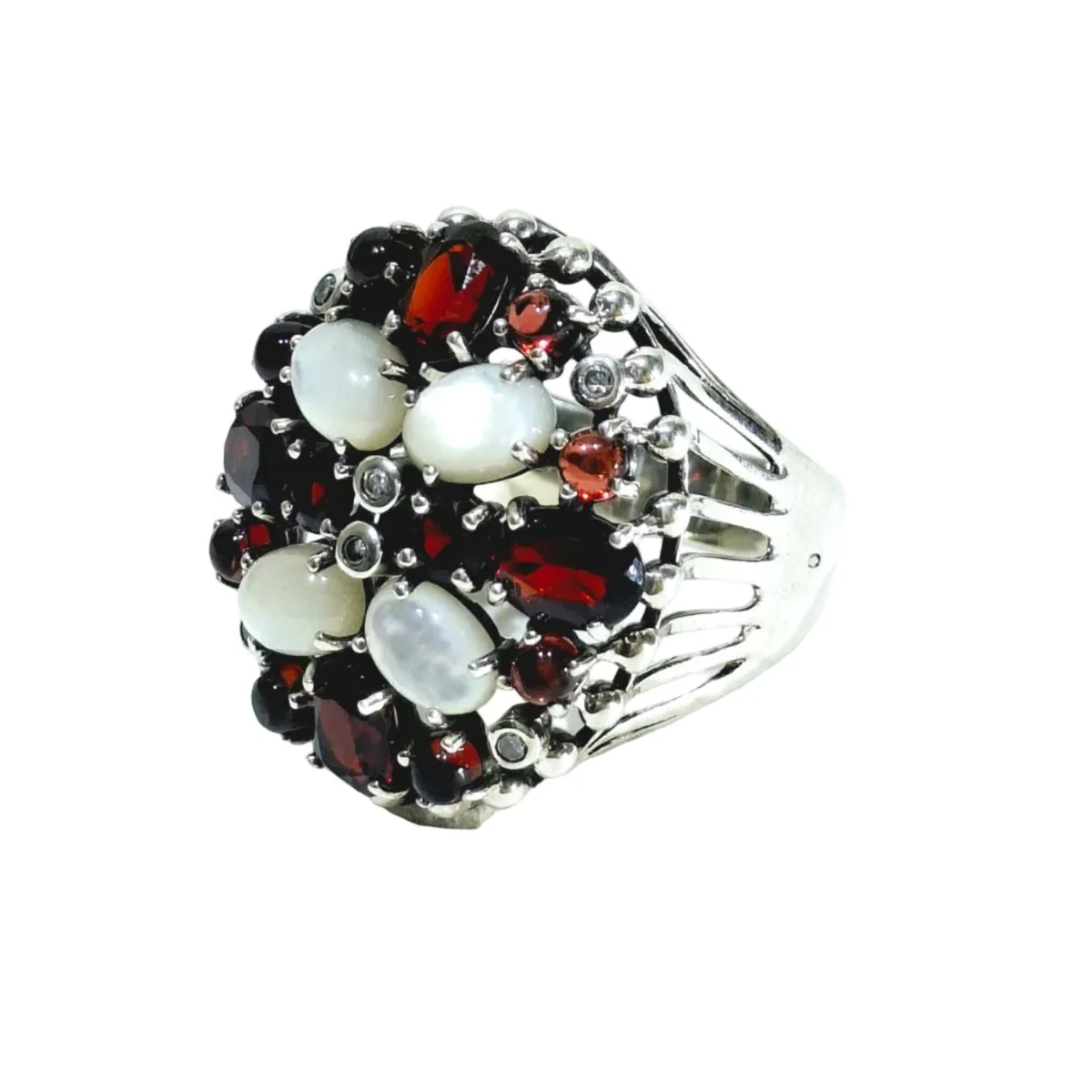 Bague en argent, nacre, grenats et zircons. - Image 3
