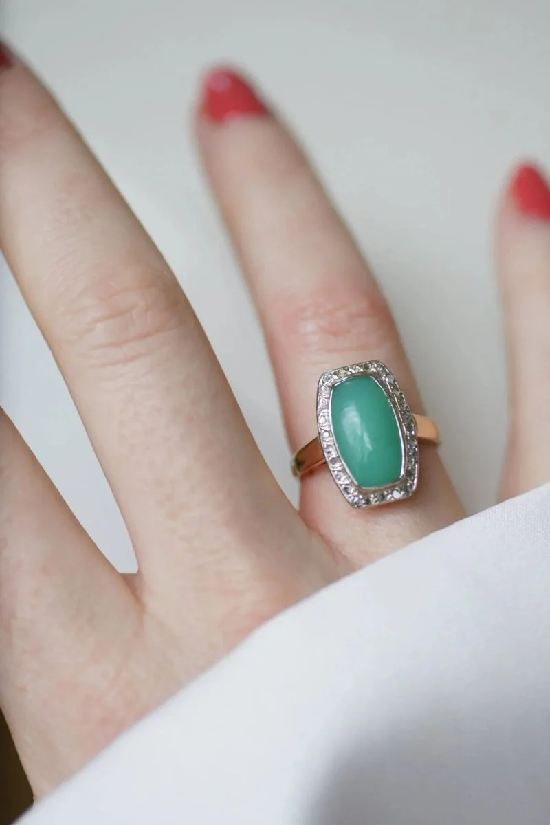 Bague Art Deco Chrysoprase Diamants - Image 6