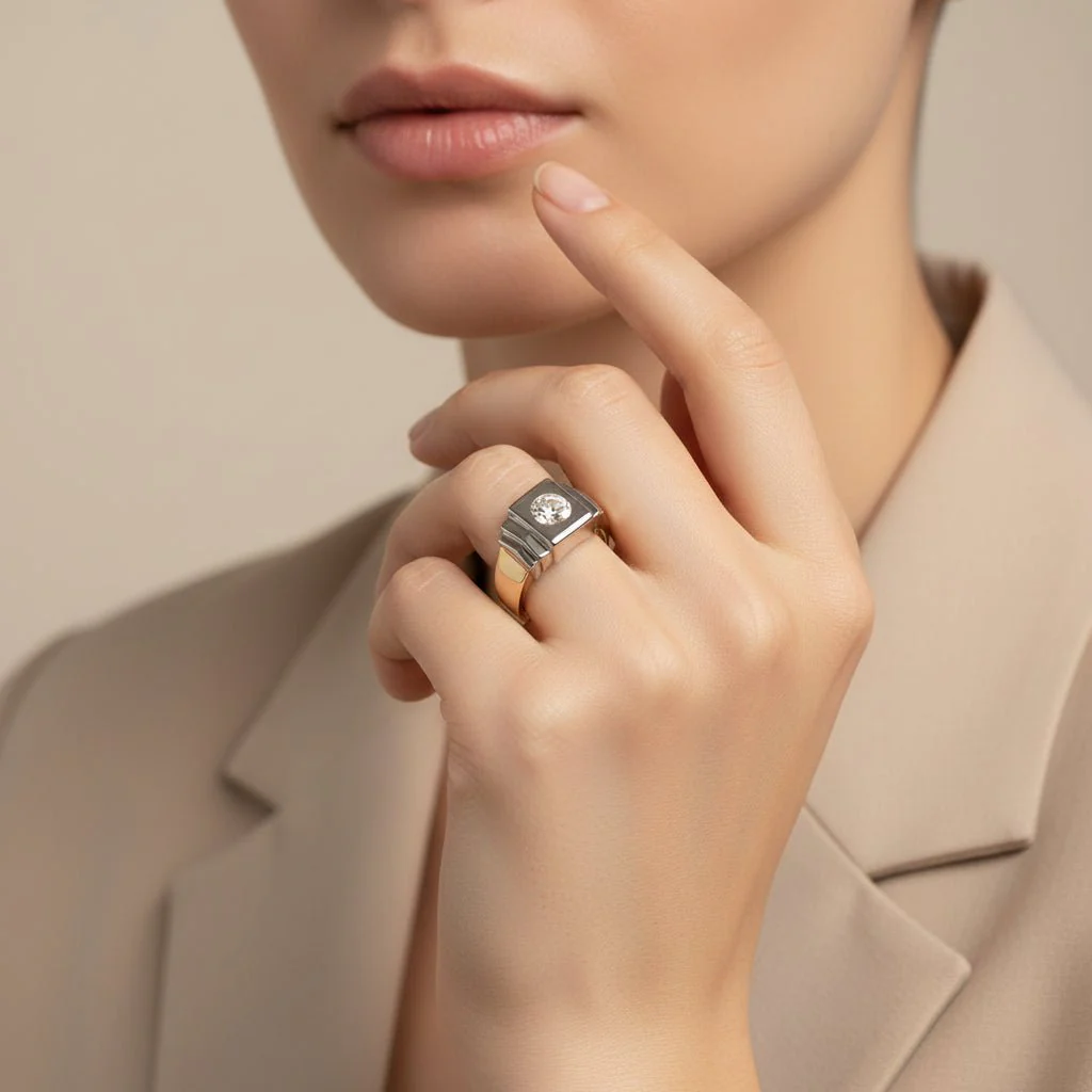 Bague Chevalière en or blanc, or jaune et diamant - Image 2